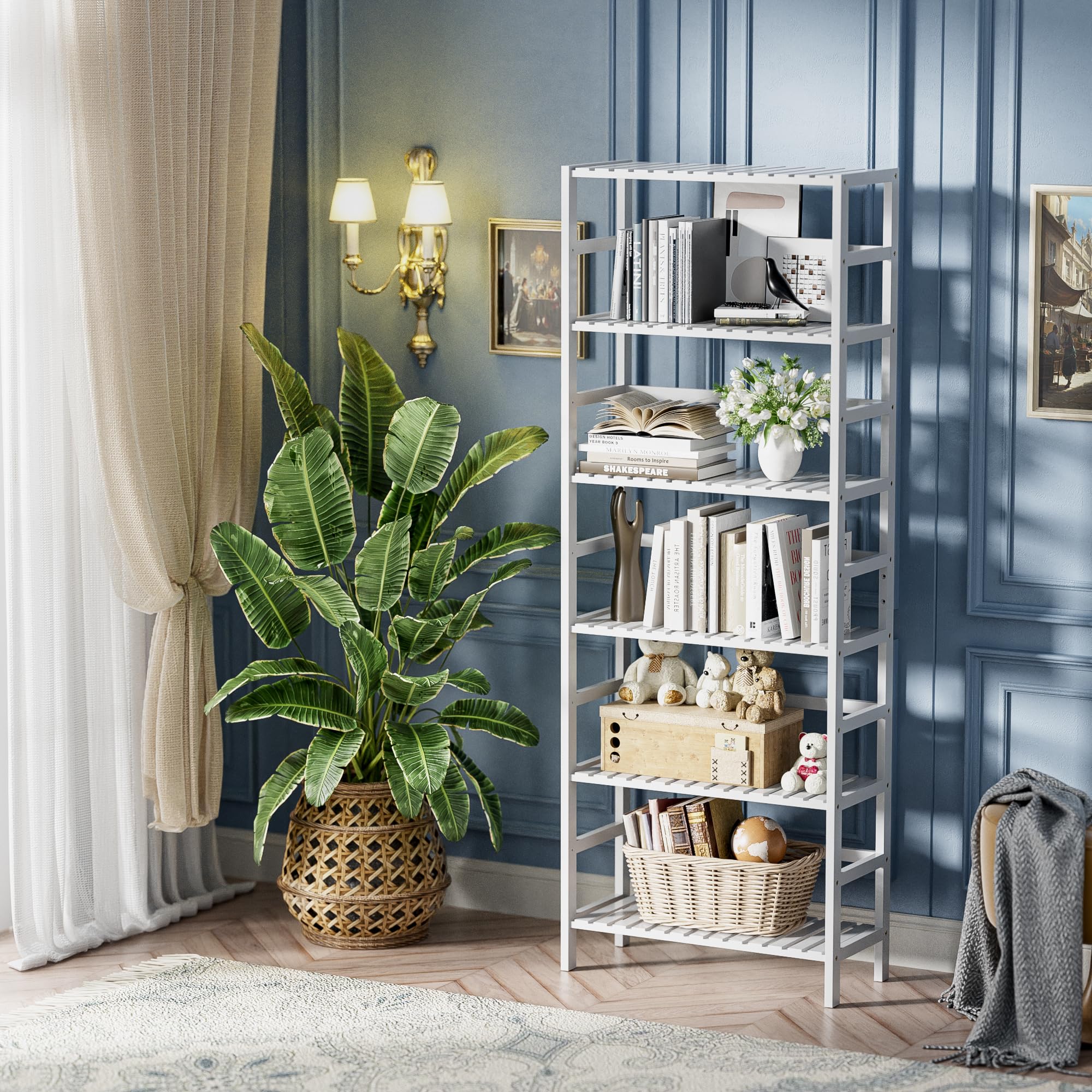 HITNET Scaffale a 6 Ripiani, libreria in bambù con ripiani regolabili, grande organizzatore indipendente per la cucina, espositore per piante, bianco