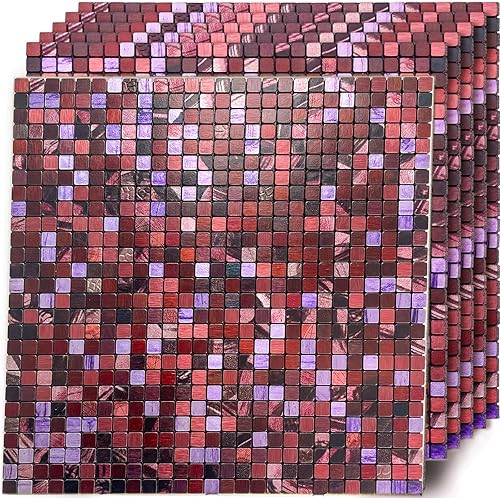 Miniatura 1 de TenasHome 10 hojas de metal para despegar y pegar azulejos en la cocina, baño, chimenea, decoración de pared en vidrio retro fucsia