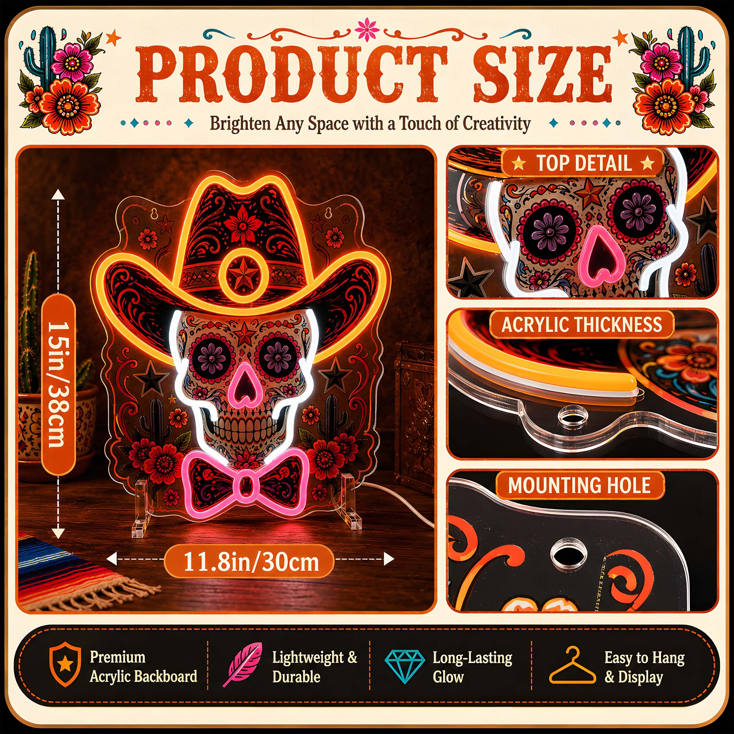 Insegna al neon con teschio da cowboy, luce LED da parete per decorazione messicana, alimentata tramite USB, dimmerabile, luce al neon per il giorno dei morti, Halloween, bar di casa, idea regalo per