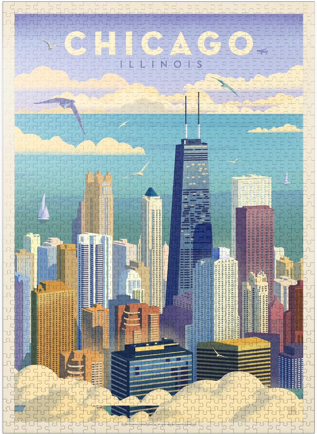 MyPuzzle Chicago: Bird's Eye View of Lake Michigan, Vintage Poster - Premium 1000 Piece Jigsaw Puzzle for Adults