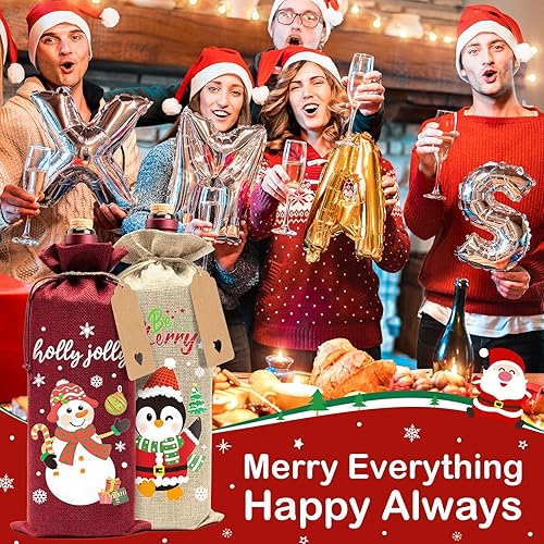 Miniatura 13 de Aoonby 12 bolsas de arpillera para vino, bolsas de regalo de vino de Navidad para botellas, bolsas de botellas de Navidad a cuadros con cordón