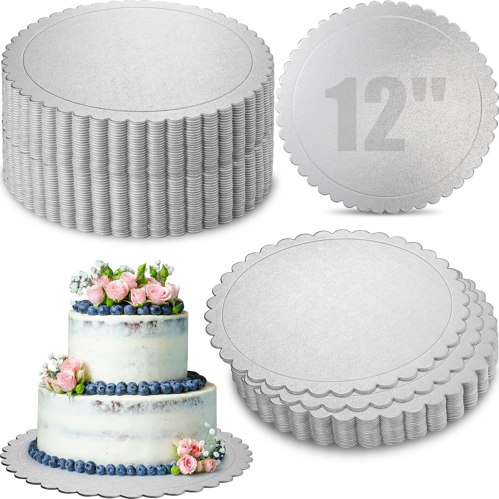 50 Pack Cake Boards 12 Inch Round Silver Scallop Edge