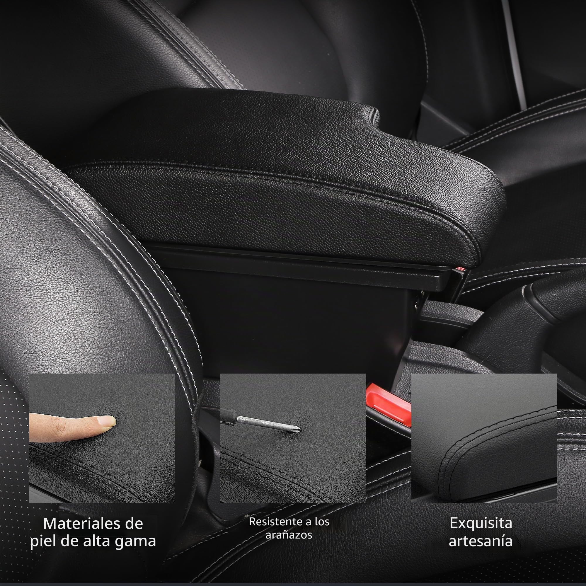 Reposabrazos de Coche Para Nissan JUKE ESQ 2013-2017 | Espacio de Almacenamiento de Doble Nivel, Montaje Sencillo, 3 Puertos USB, Ajustable, Cuero PU, Costuras Negras