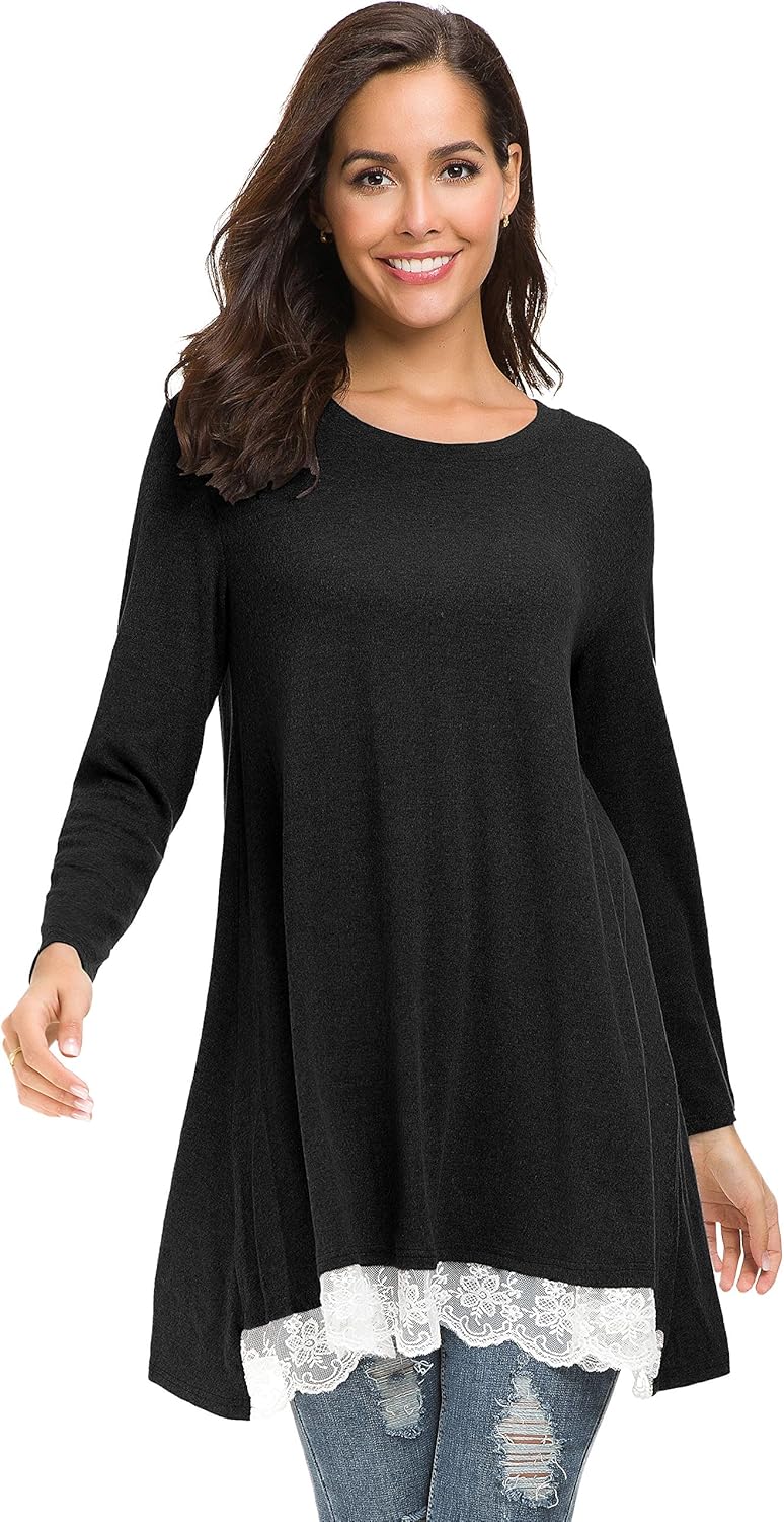 Sinono Women's Casual Lace Long Sleeve A-Line Swing Scoop Neck Tunic Top Blouse - Image 2