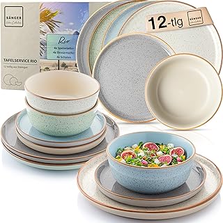 SÄNGER Rio 12-Piece Dinner Service, Stoneware Crockery Set for 4 People, 4 x Dinner Plates, 4 x Dessert Plates, 4 x Bowls, Crockery Set with Bowls, Colourful, Value Collection