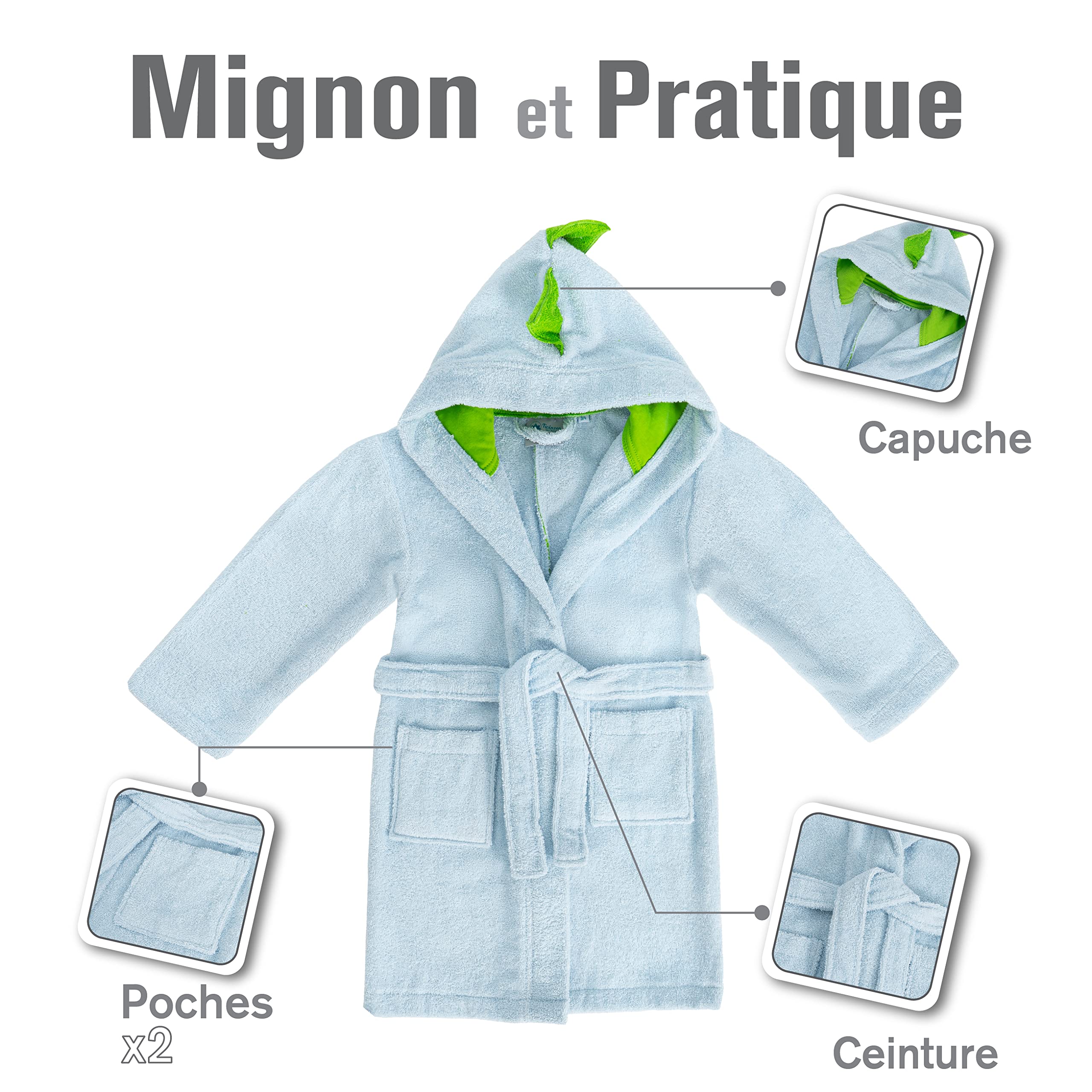 Twinzen Peignoir Enfant Dinosaure - Fille et Garçon - OEKO-TEX® 100% Coton - Peignoir de Bain et Robe de Chambre Enfant