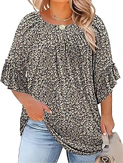 Micoson Womens Plus Size Tops 3/4 Ruffle Sleeve Shirts Crewneck Pleated Blouses Dressy Casual