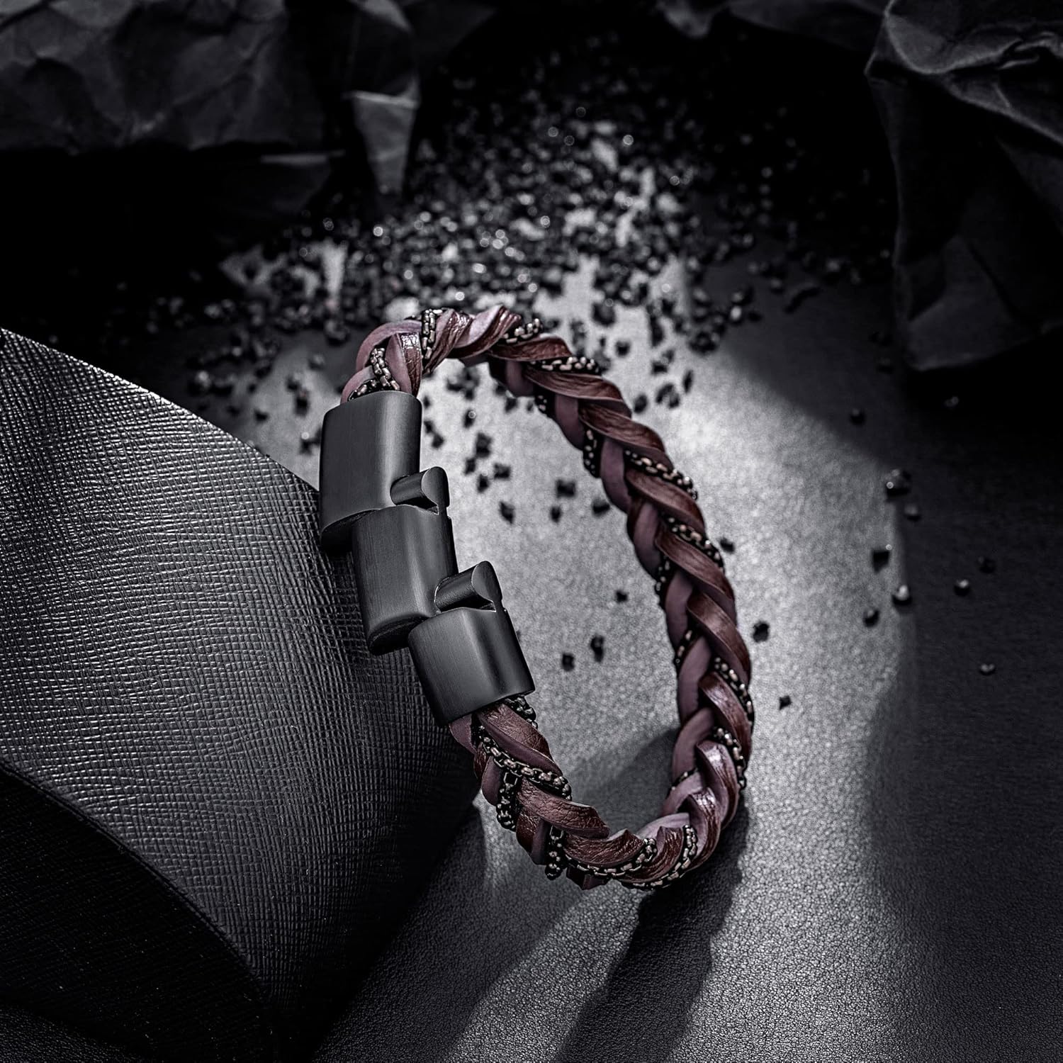 murtoo “Shackles of Freedom” Bracelets for Men, Mens Braided Leather Bracelets with Steel Chains and Magnetic Clasp, Stylish Gift for Men - Image 2