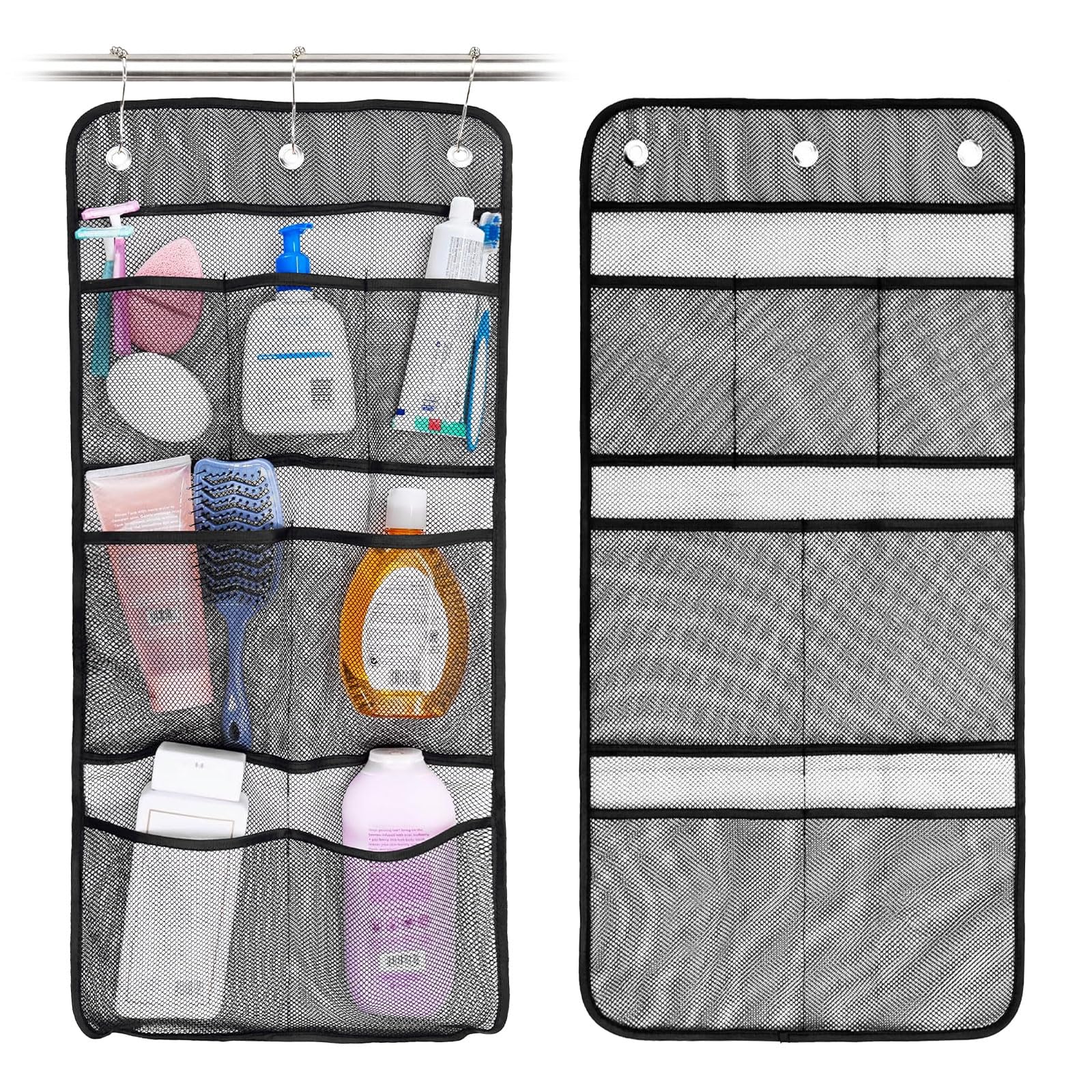 Large 7 Pockets Mesh Shower Caddy Hanging with 3 Hooks Quick Dry Mesh Hanging Shower Organizer for Bathroom