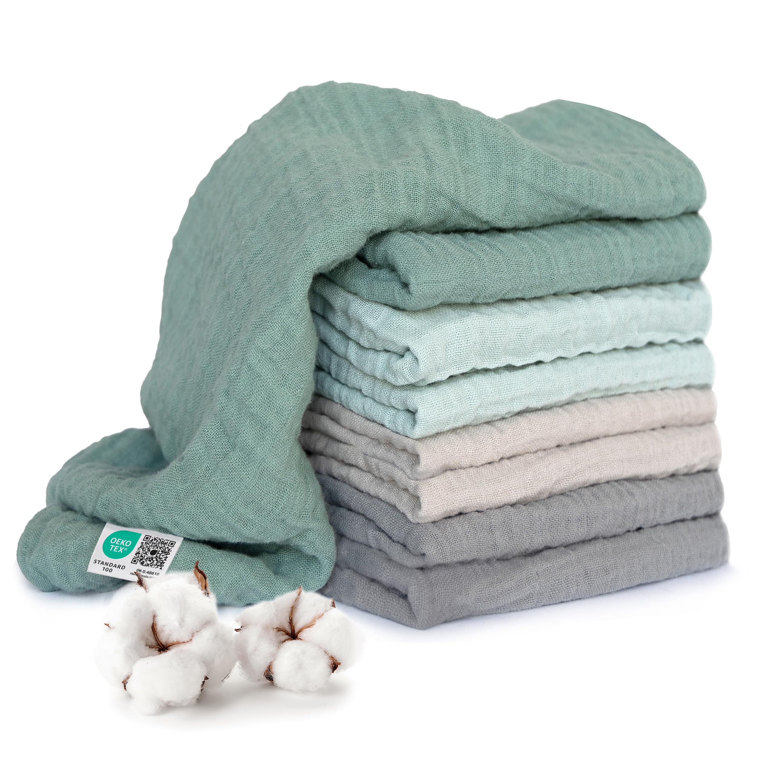 MAKIAN Mullwindeln 8er Pack, 70x70 cm, Oeko-TEX® Standard 100 geprüft, 8 Spucktücher in Premium Qualität - doppelt gewebte Stoffwindeln/Mulltücher - Iceberg Green/Weiß/Mint/Grau