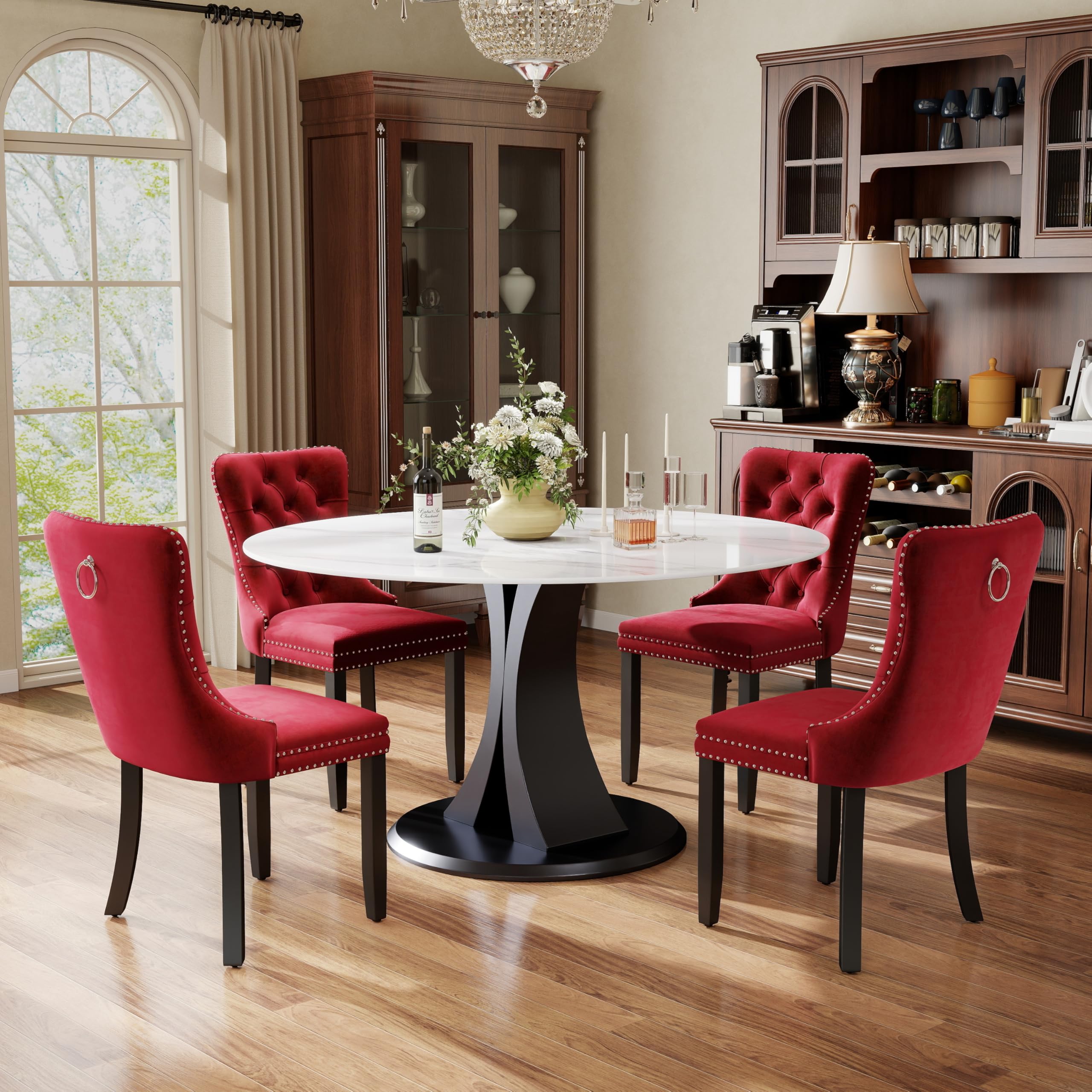 5-Piece Dining Table Set with 47In Faux Marble Table and 4 Velvet Upholstered Chairs, Modern Scandinavian Furniture for Dining Room Kitchen(Burgundy)
