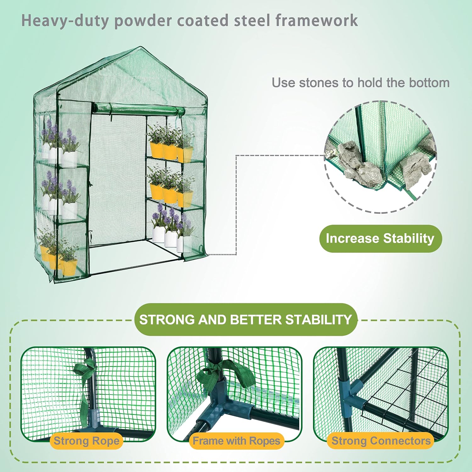 Greenhouse, Outdoor, Walk-in, 3 Tiers, 4 Shelves, Roll-up Zipper Door, Windows, Clear PVC, Steel Frame