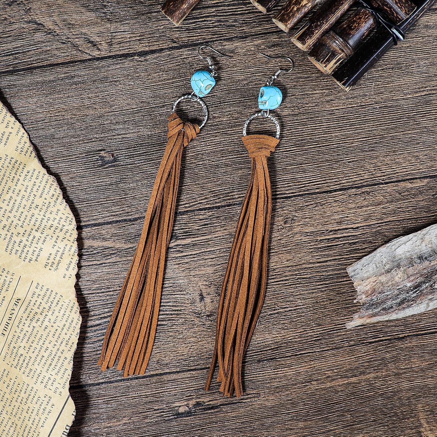 Bohemian Fringe Leather Earrrings Handmade Tassel Earrings with Turquoise Long Western Statement Dangel Earrings Vintage Long Turquoise Leather Tassel Earrings for Women Jewelry - Image 3