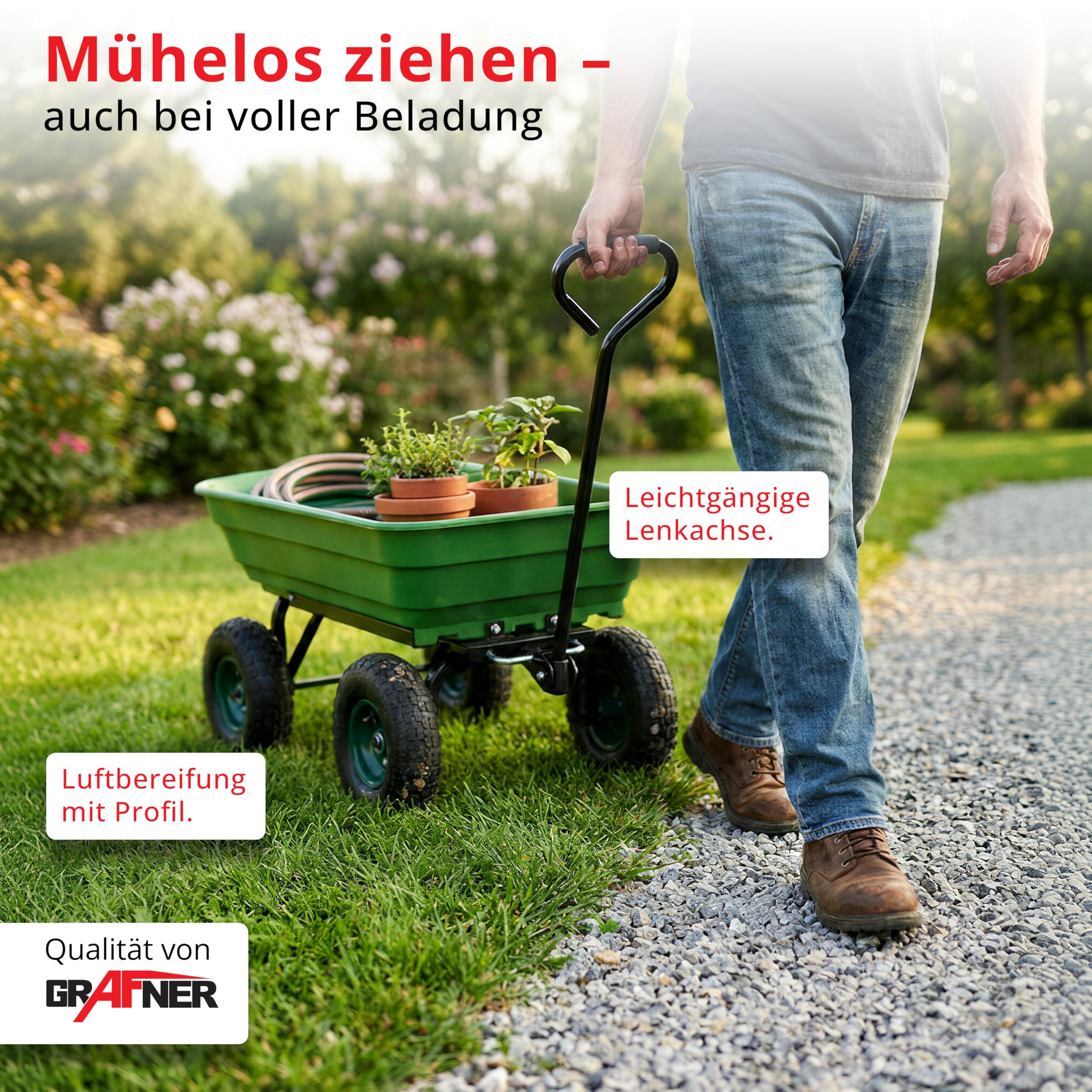 Grafner Gartenwagen mit Kippfunktion, belastbar bis 300 kg, 75 Liter Kunststoffwanne und Lenkachse, Luftbereifung, Transportwagen Gartenkarre Dumper Handwagen Schubkarre Bollerwagen