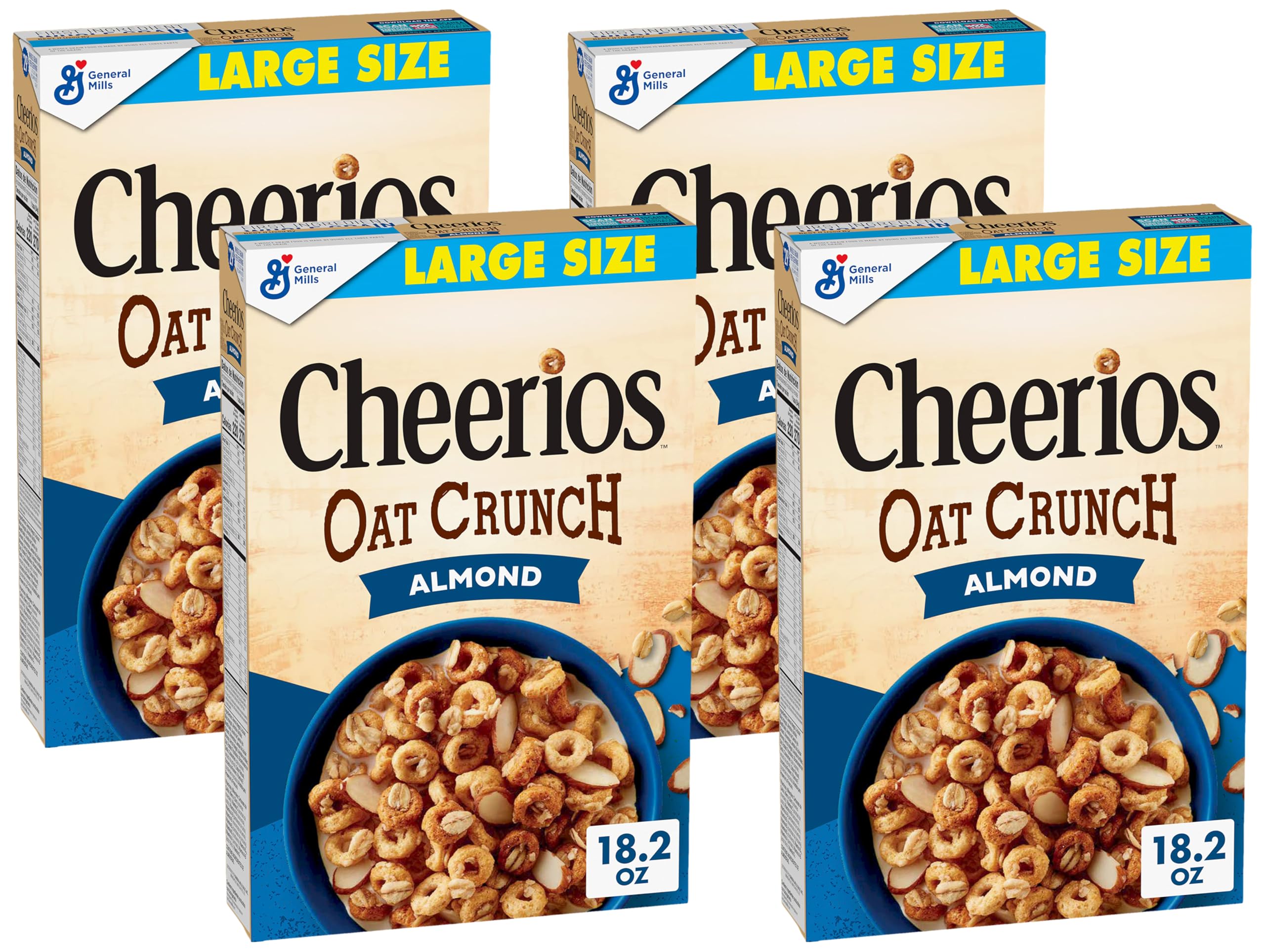 Cheerios Oat Crunch Almond Oat Breakfast Cereal, Large Size, 18.2 oz (Pack of 4)
