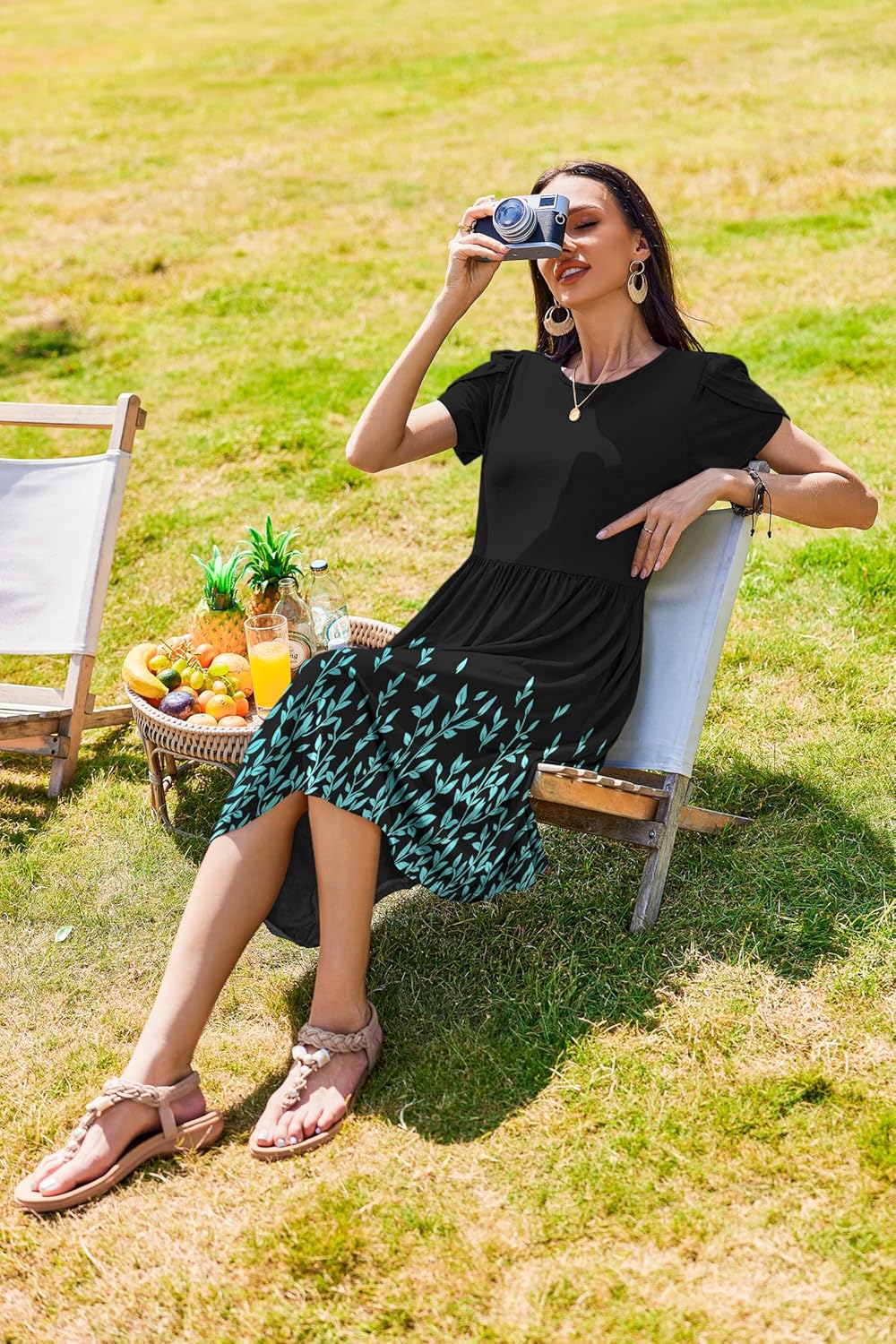 Zeagoo Women Summer Short Sleeve Midi Dress with Pockets Casual Aline Flowy Tshirt Dress Floral Vocation Beach Sundress - Image 4