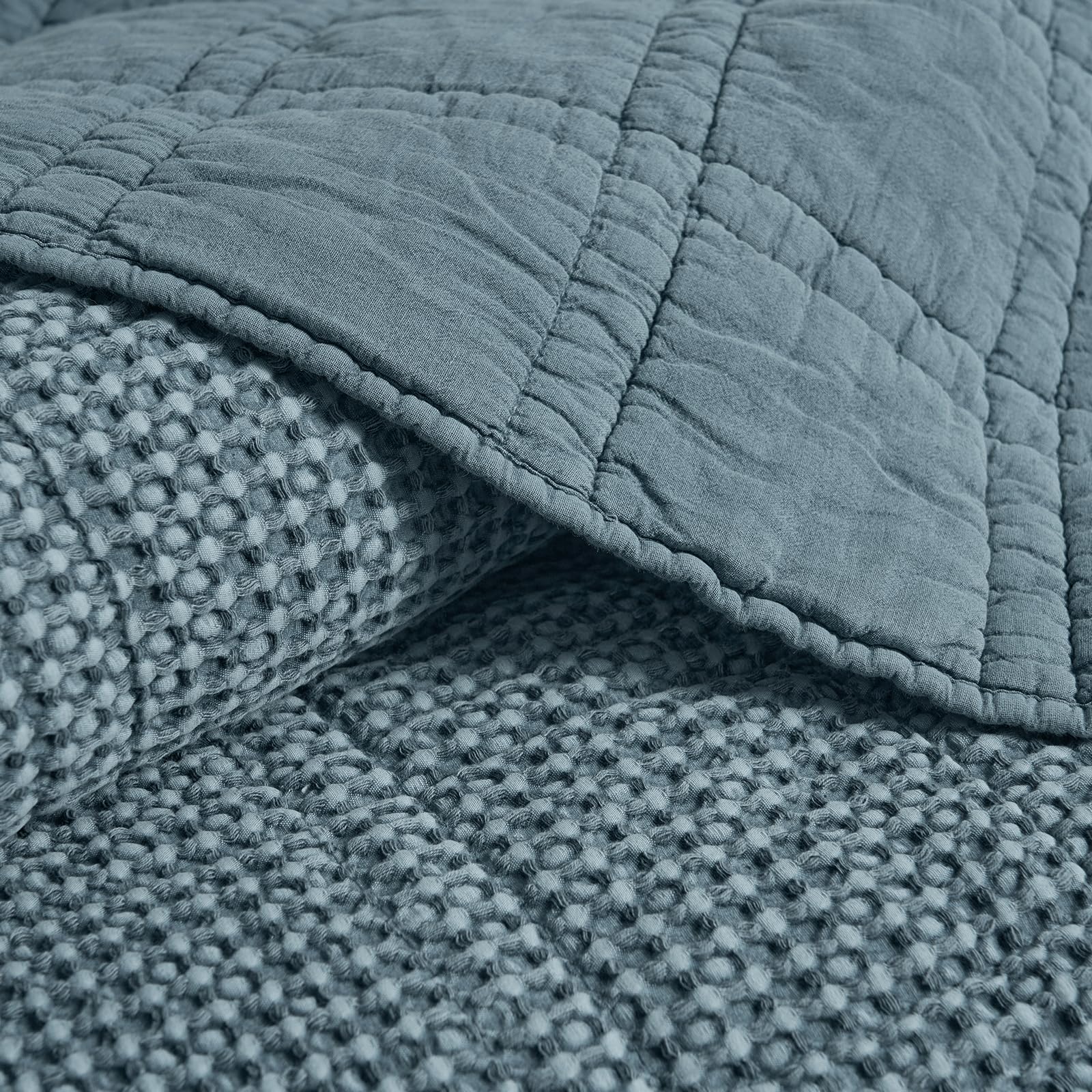 Photo 1 of PHF Stone-Washed Waffle Quilt Set Queen Size (90"x90") - 100% Cotton Cover, 3PC Lightweight Diamond Quilted Bedspread with Polyester Fill, Soft Vintage Coverlet for Home Decor, Stormy Blue