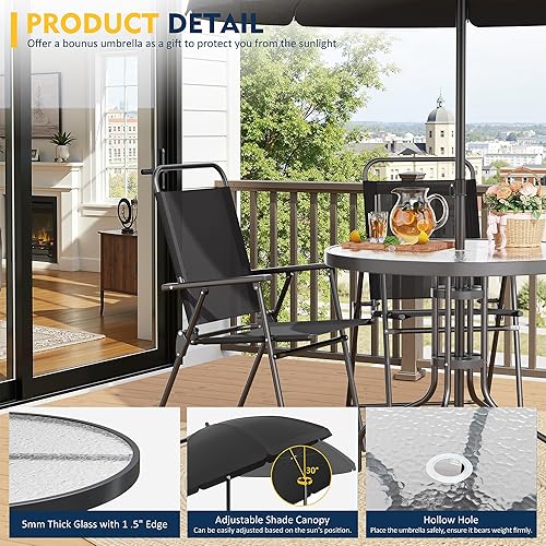 Miniatura 3 de Shintenchi Juego de comedor de patio de 6 piezas con paraguas, juego de muebles de exterior con 4 sillas plegables y mesa de comedor de vidrio
