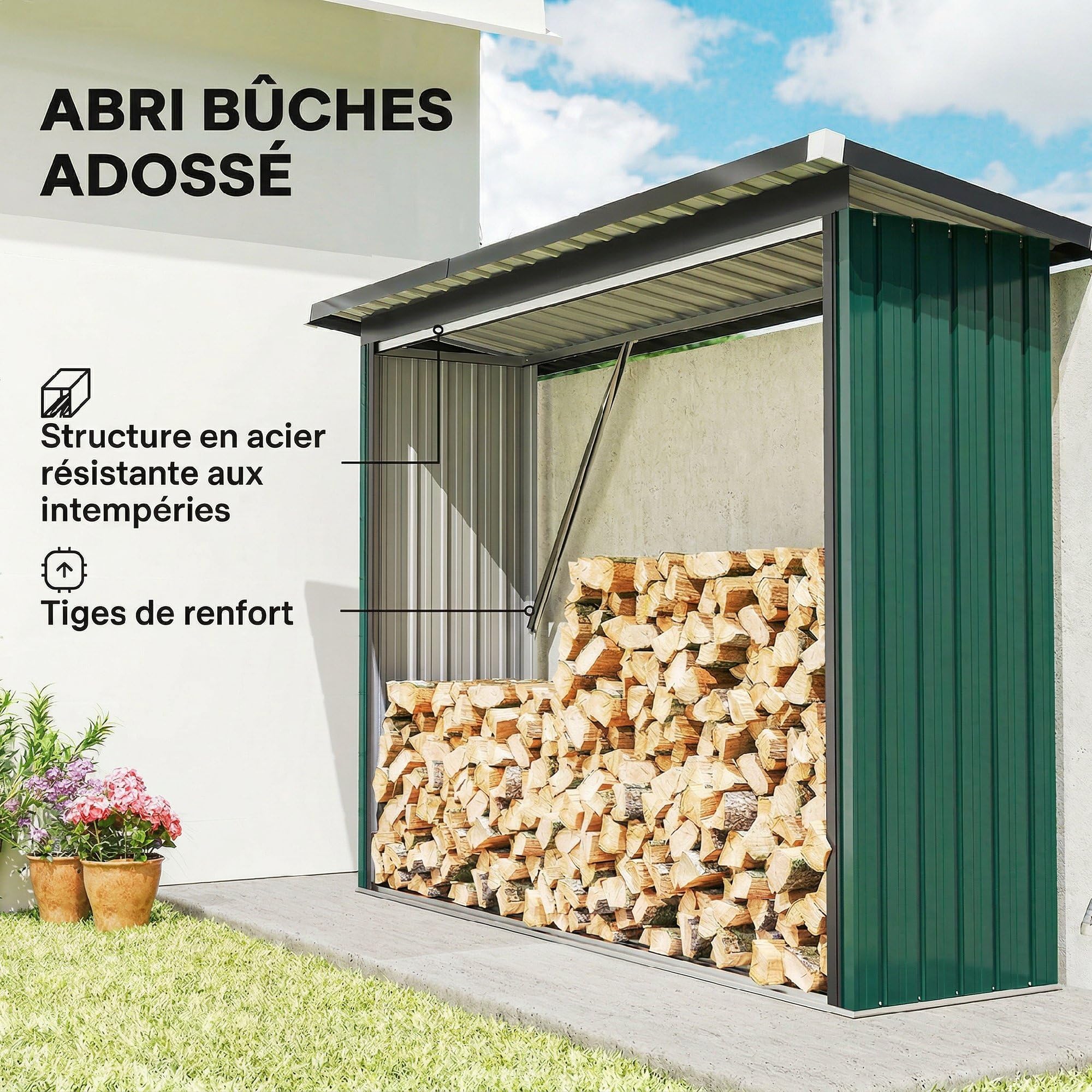 Outsunny Albero Coperto Acciaio Zincato Supporto Legna Riscaldamento 213 x 66,5 x 150 cm Verde