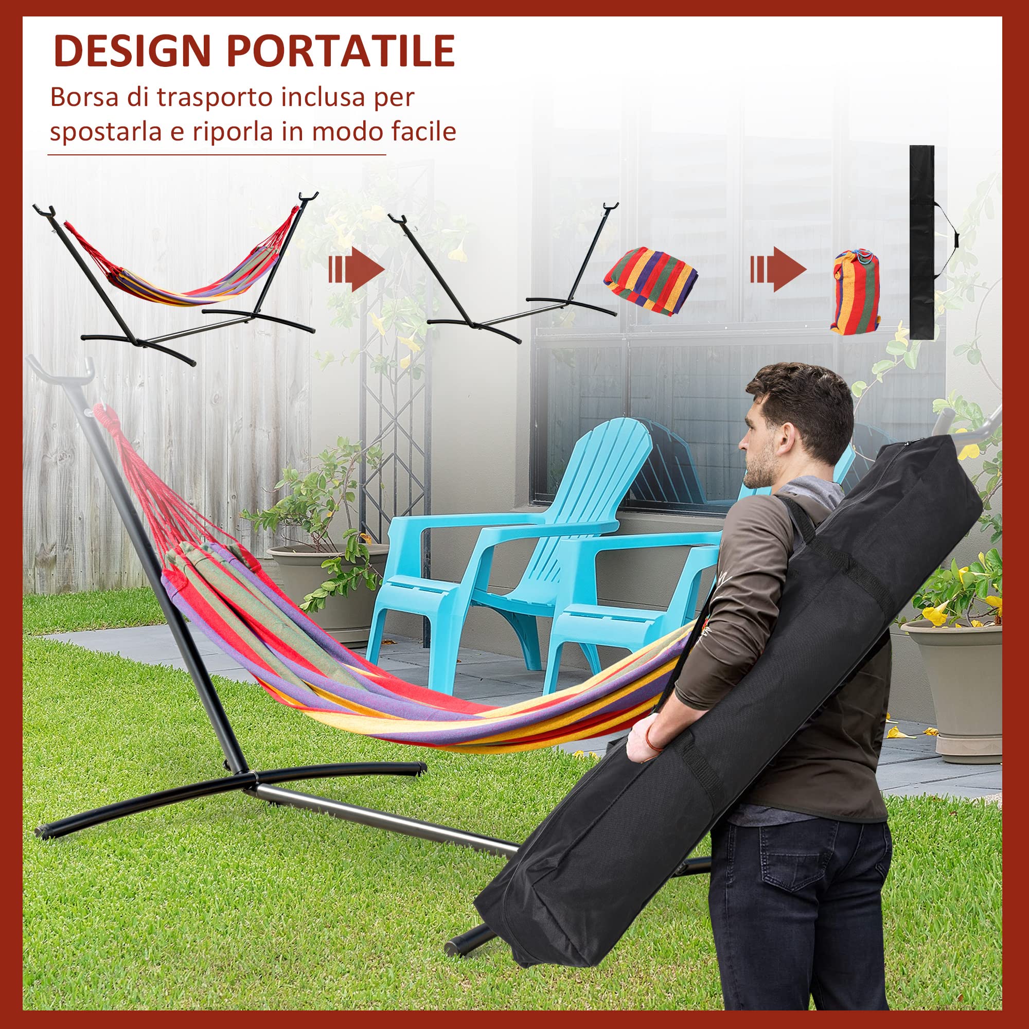 Outsunny Amaca da Giardino Autoportante con Struttura in Acciaio e Cotone Multicolor, Custodia Inclusa