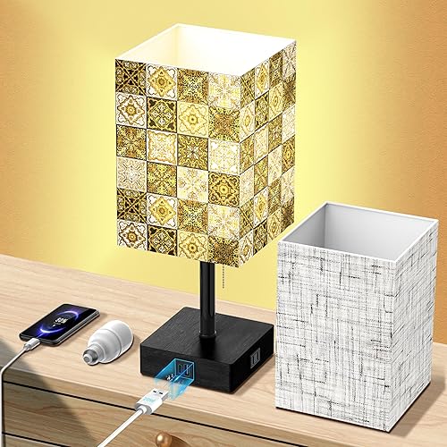 Lámparas de noche para mesita de noche, lámpara de mesa dorada vintage para dormitorio, luz de escritorio pequeña de carga súper rápida de 20 W,