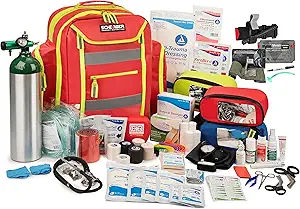 Scherber Fully-Stocked Premium First Responder Backpack | EMT/EMS Medic Trauma, Bleeding & Oxygen Medical Kit | CAT Tourniquet, QuikClot 4x4, HyFin Chest Seal & 250+ First Aid Supplies - Red