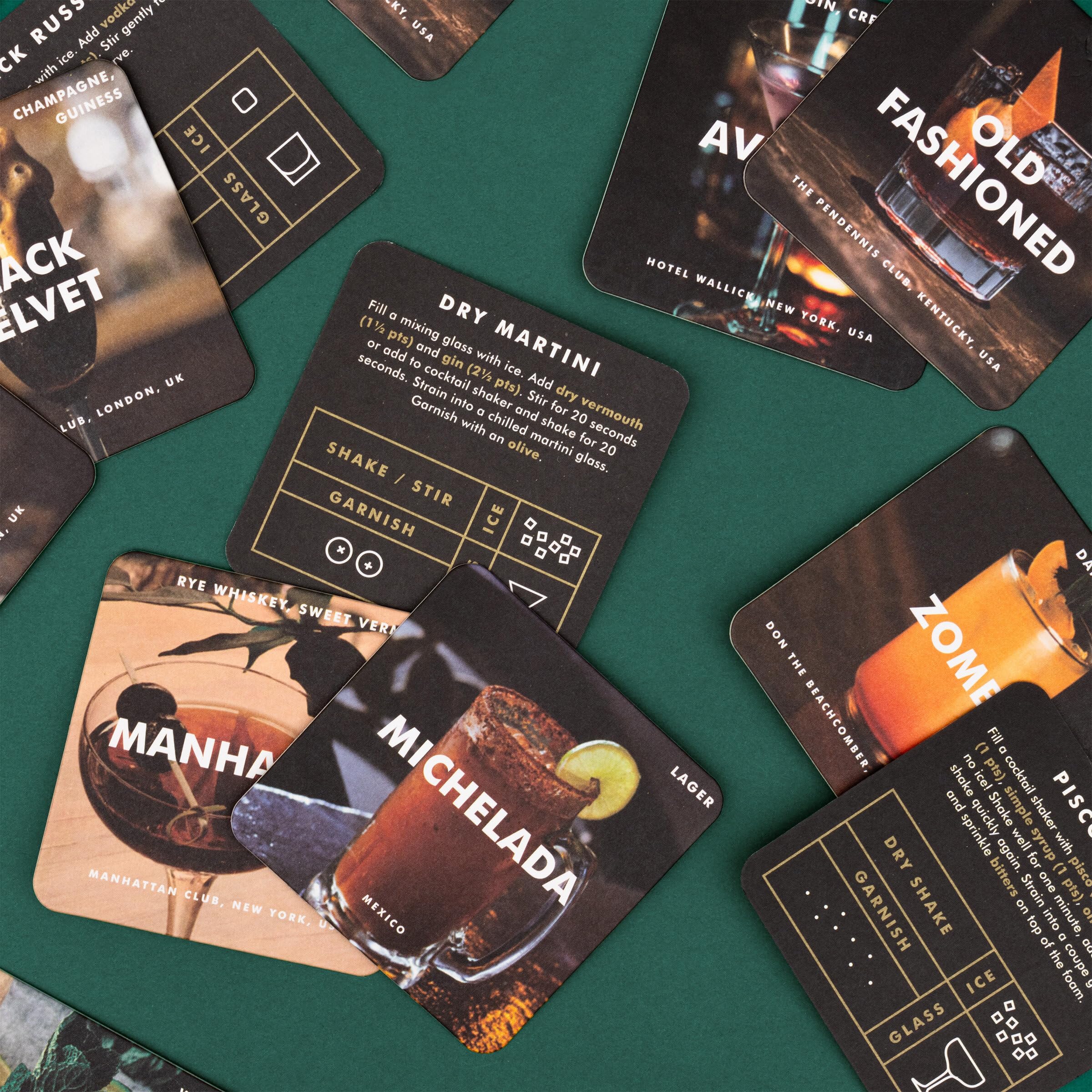 Iron & Glory Mixologist karty z przepisami na koktajle, podstawki pod napoje, akcesoria do baru domowego i akcesoria do wózków barowych, akcesoria barowe do domowego zestawu barowego, podstawki pod