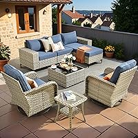 HOOOWOOO 8-Piece Wicker Outdoor Sectional Set with Swivel Rocking Chairs & Ottoman - L-Shaped All-Weather Patio Conversation Sofa, Denim Blue