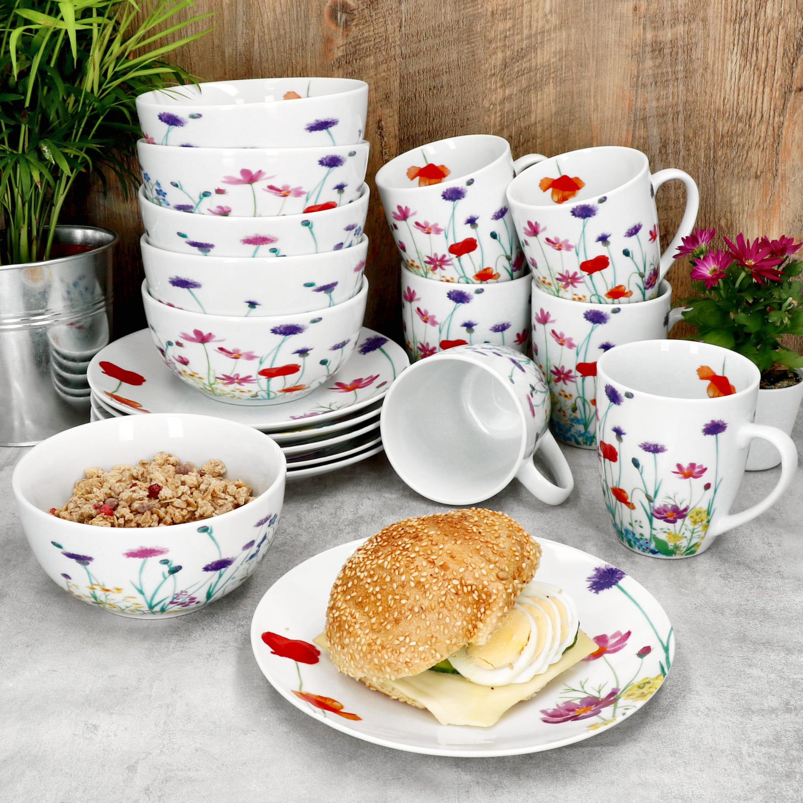 MamboCat Marie Service de petit-déjeuner 18 pièces Vaisselle en porcelaine décor prairie florale pour 6 personnes