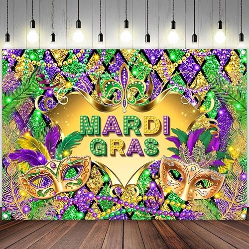 Miniatura 2 de ZTHMOE Telón de fondo de tela de Mardi Gras de 68 x 45 pulgadas, máscaras de carnaval, fiesta de máscaras, fondo de fotografía, cuentas moradas y