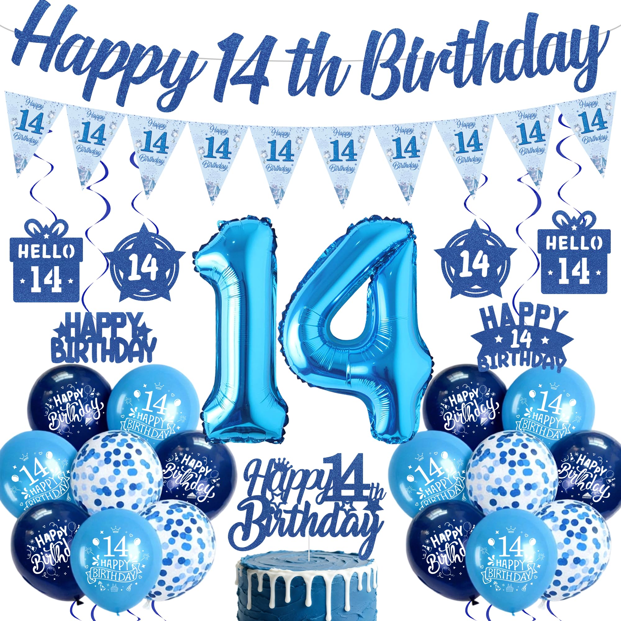 14th Birthday Decorations for Boys, Blue 14 Years Old Party Supplies