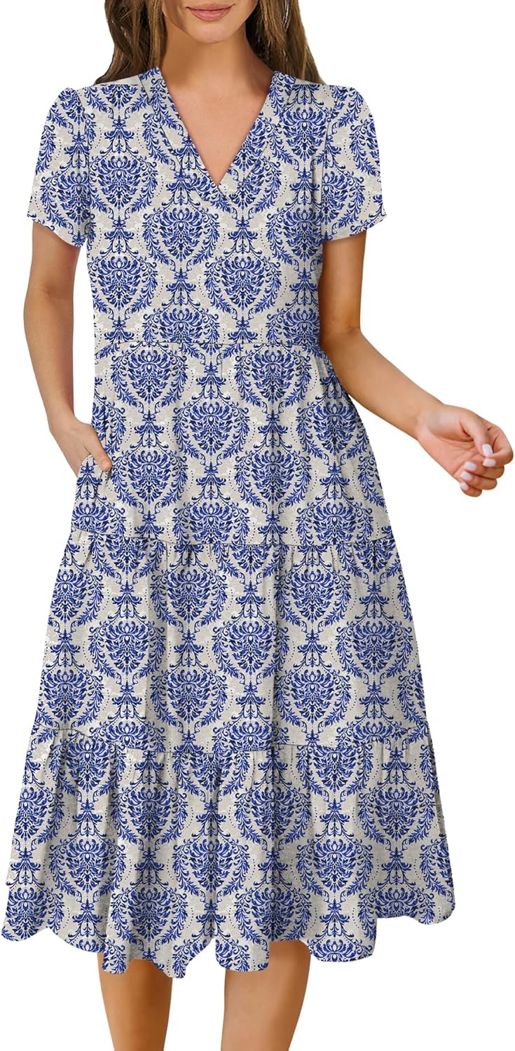 ANRABESS Women's Summer Casual Short Sleeve V Neck Midi Dresses 2025 Spring Flowy A-line Tiered T Shirts Boho Beach Dress