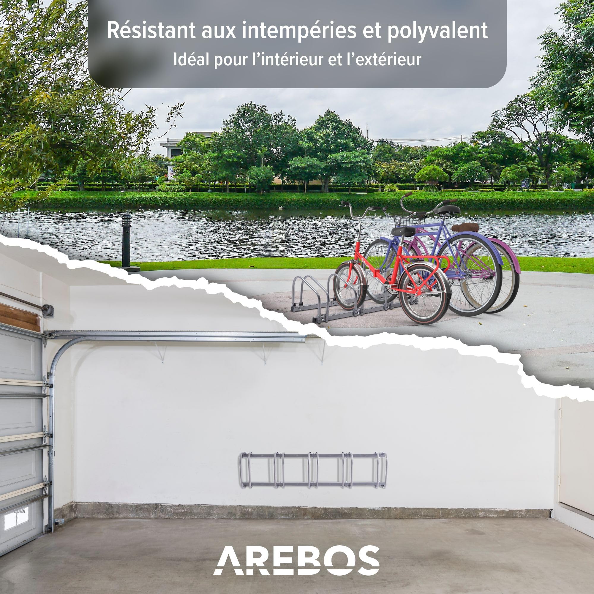 AREBOS Support à Vélos pour 5 Vélos | Écartement des Roues 21 cm | Pour Pneus 35-60 mm | Dimensions 130×30×26 cm | Montage Sol ou Mur | Support Métallique Argenté