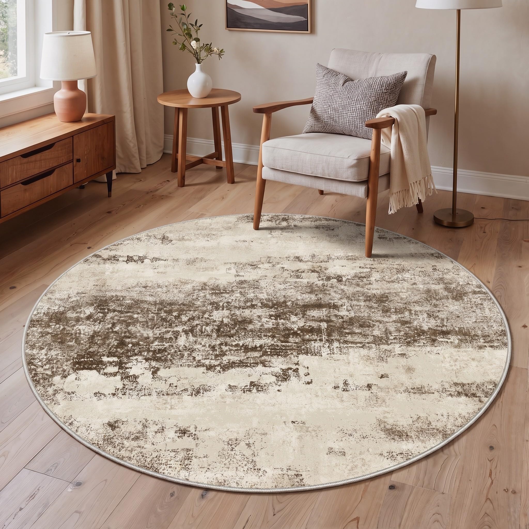 BEIMO 5FT Antique Beige Abstract Round Rug, Washable Non-Slip for Bedroom