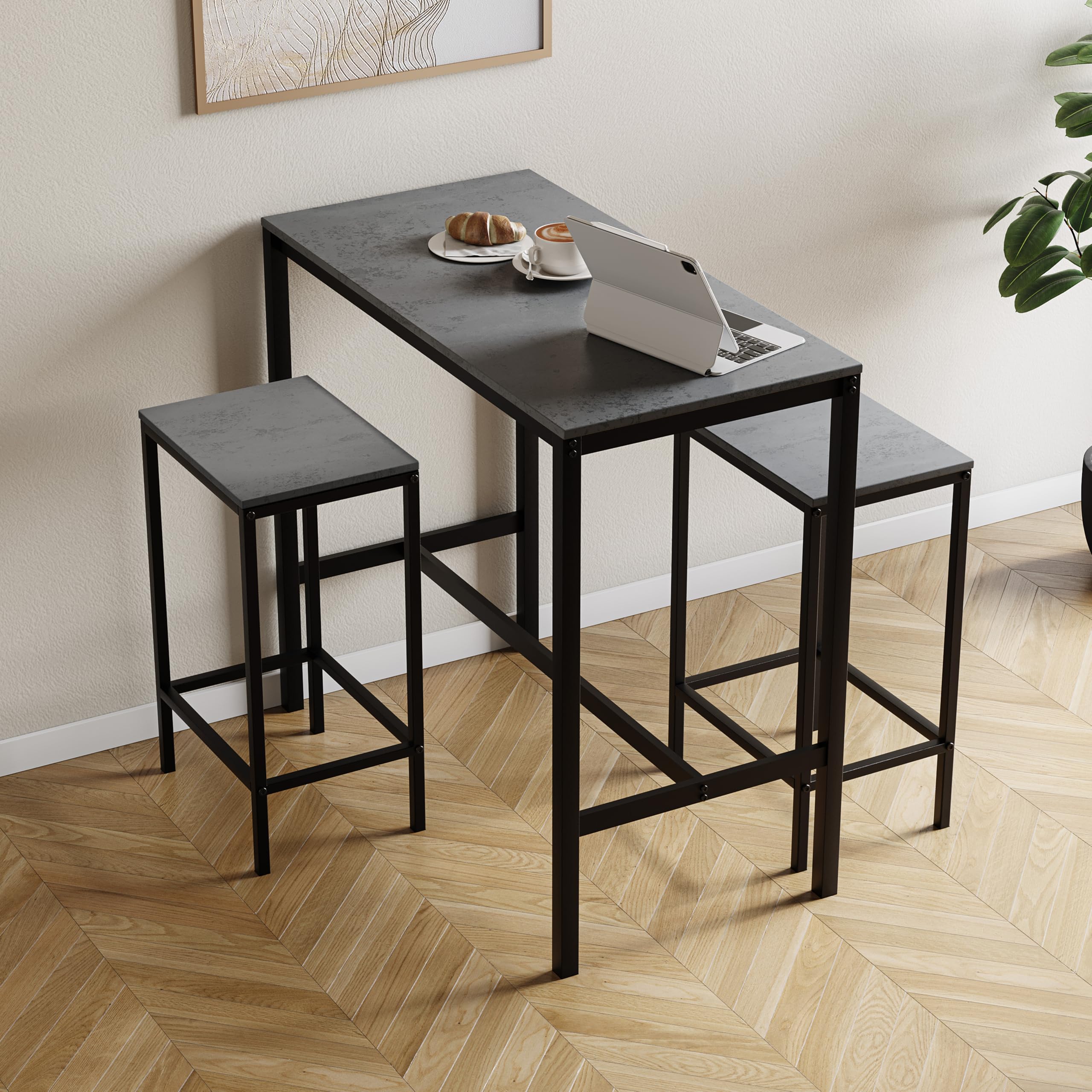 Vida Designs Roslyn Ensemble de table 3 pièces avec 2 tabourets/chaises, design compact pour salle à manger, cuisine, bar, appartement, balcon, jardin avec cadre en acier industriel, 90 x 100 x 50 cm