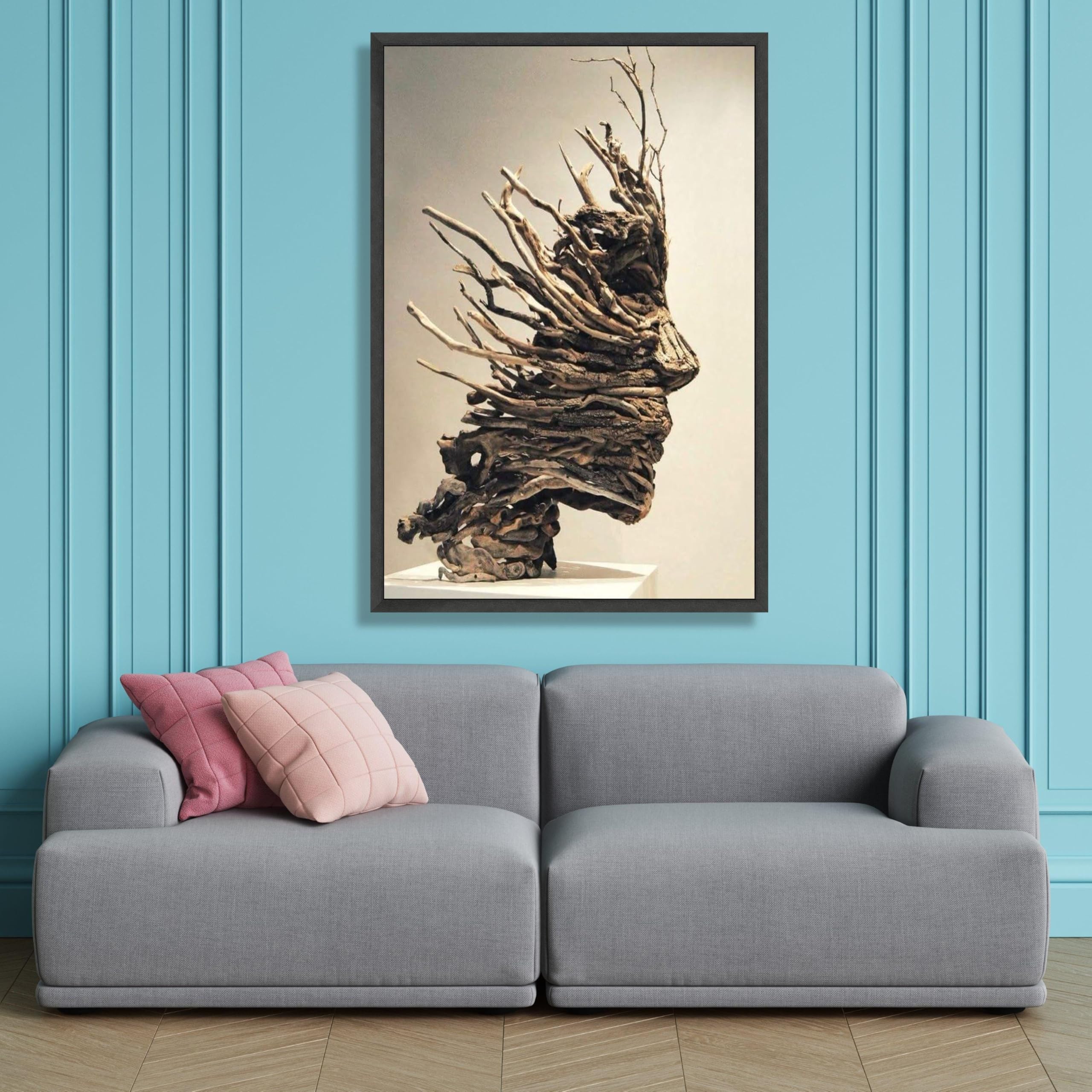 XINBAO Abstrakcyjne rzeźby z drewnianymi twarzami plakat z naturalnego drewna sztuka ścienna rustykalny wystrój domu malarstwo płótno wystawa artystyczna (70 x 100 cm/rama wewnętrzna)