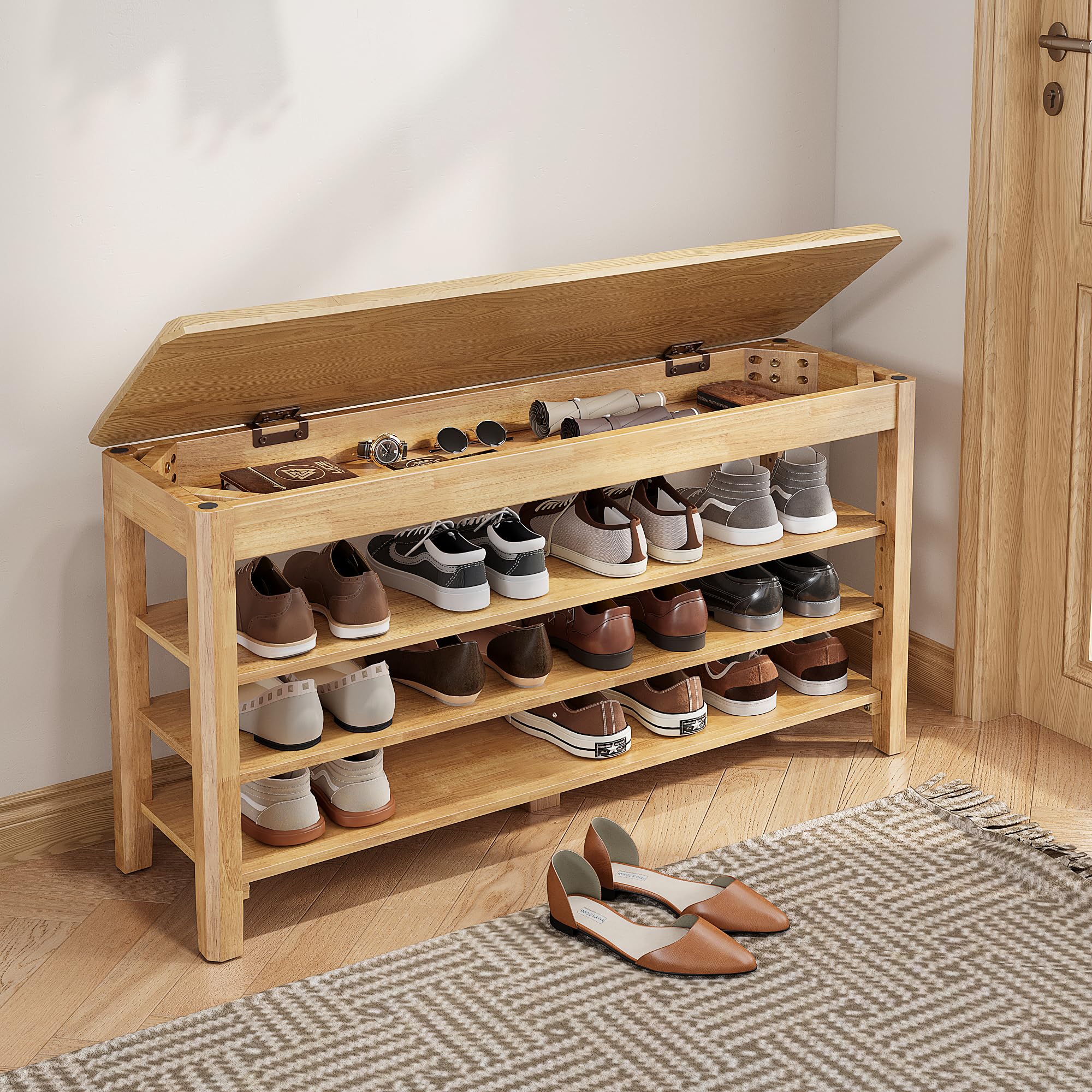 IUNVR Shoe Rack Bench Seat Rubberwood 3-Tier Wooden Storage Bench 550lbs Compact Mid-Century Modern Design for Entryway, Hallway, Closet, Front Door