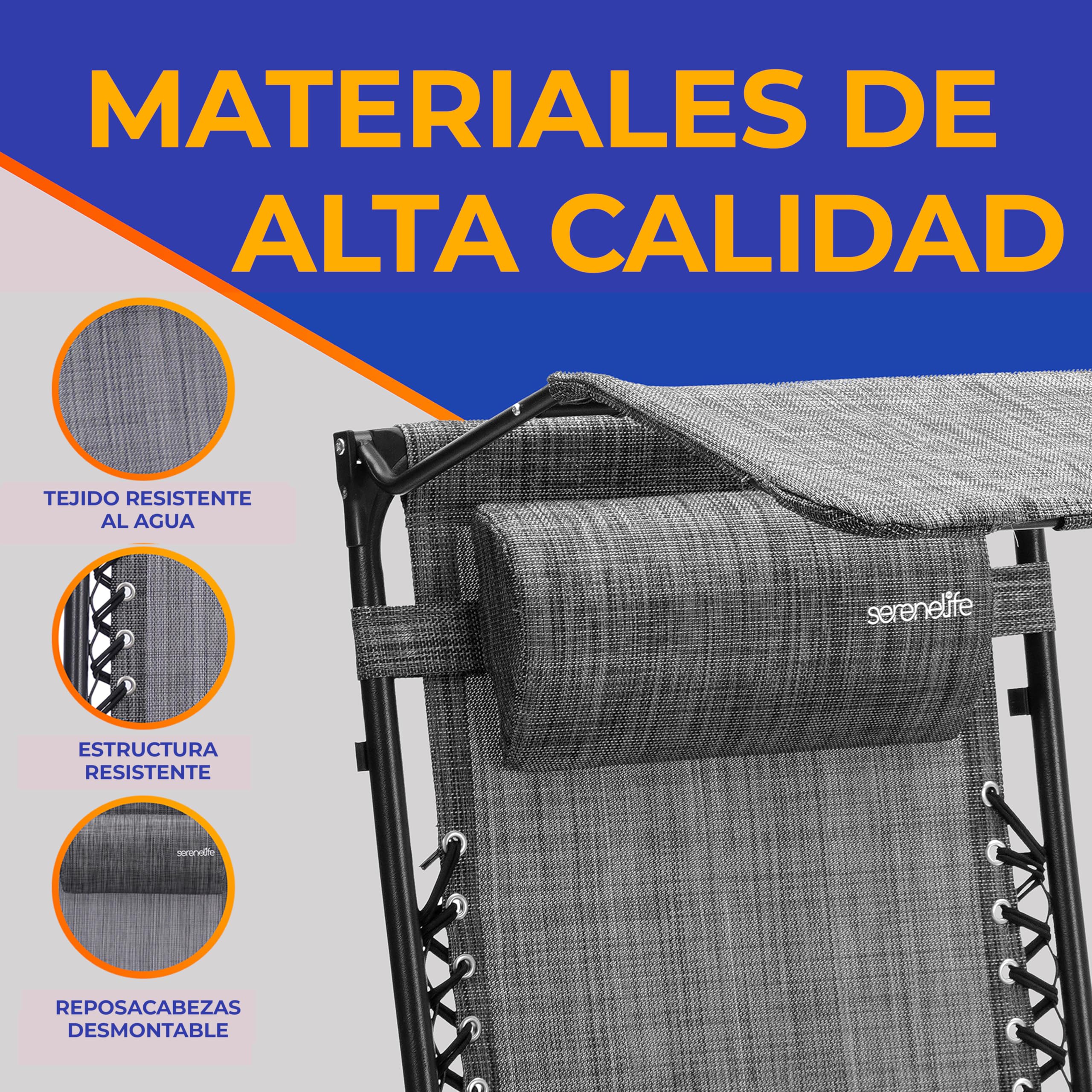 SereneLife Silla reclinable de Jardin, Set de 2, Tumbona, Almohada Desmontable, Bandeja Desmontable para portavasos, Exterior, Patio, Jardin