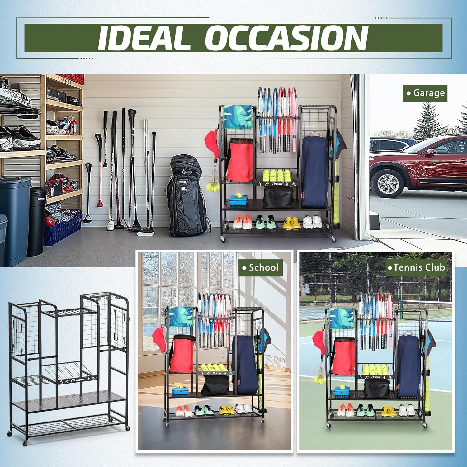 PLKOW Tennis Bag Organizer Tennis Racket Storage Rack, Tennis Equipment Holder for Bags, Balls, Racquet & Accessories, Versatile Gear Organizer for Garage, Club, or School