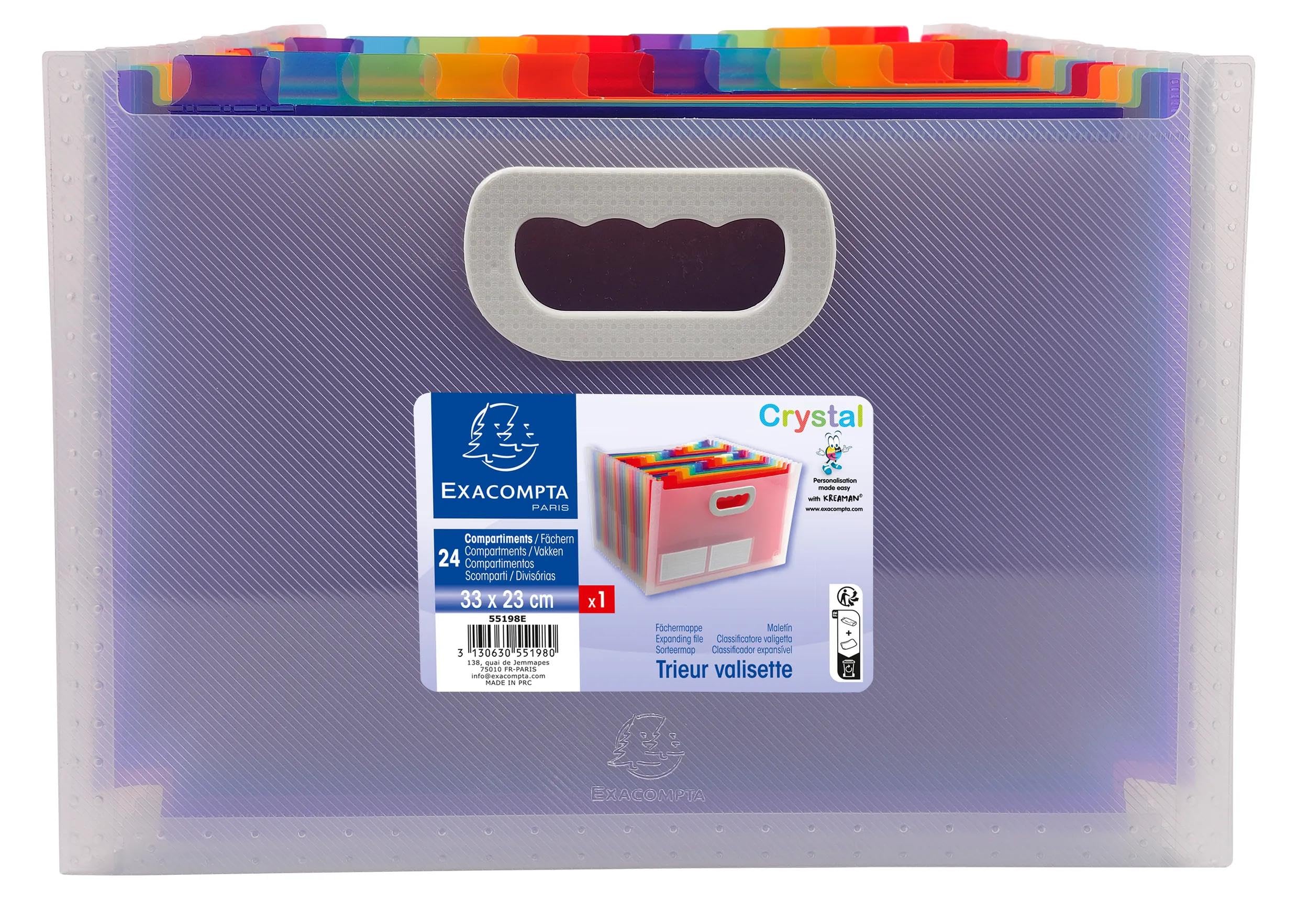 Exacompta - Rif. 55198E - Cartone da 4 raccoglitori per valigia estensibile con manici - copertina e interno in PP - con 2 portaetichette sul lato - 24 scomparti - dim 33x23,5x25 cm - cristallo