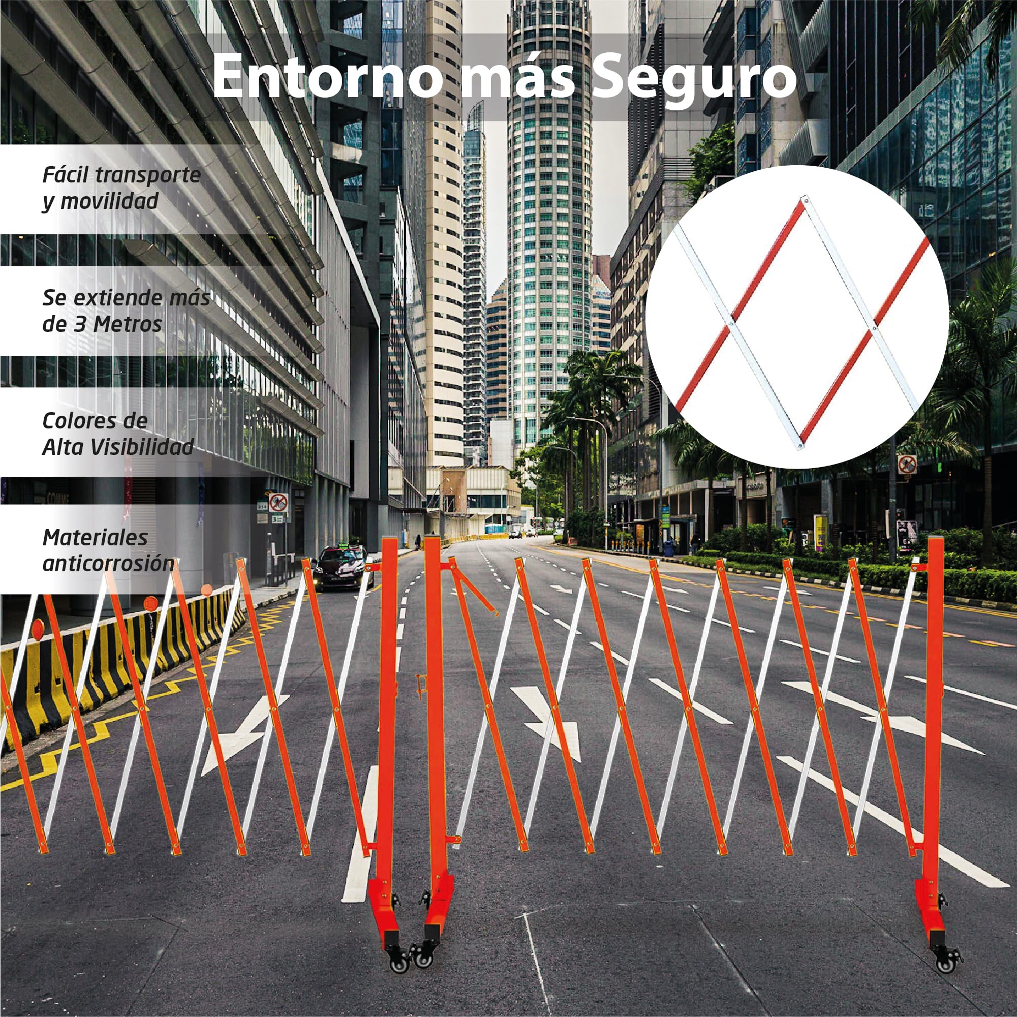 EberSign | Valla Extensible Recta de 3m con Ruedas, Barrera de Acero Portátil (Blanco/Rojo)