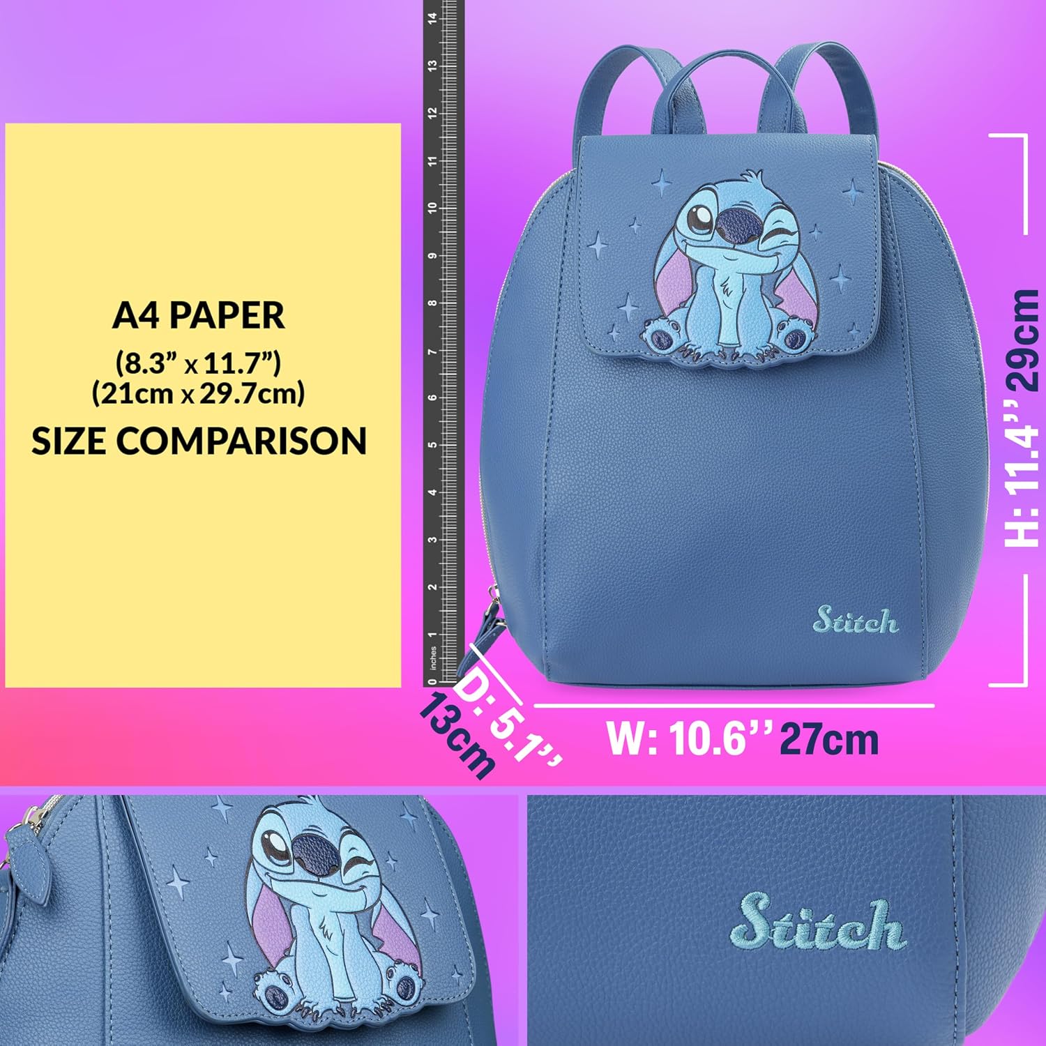 Get Trend Disney Stitch Backpack for Women, Teens, Mini PU Leather Daypack with Adjustable Straps, Small Travel Bag for School, Work, Gifts for Women (Blue Stitch)