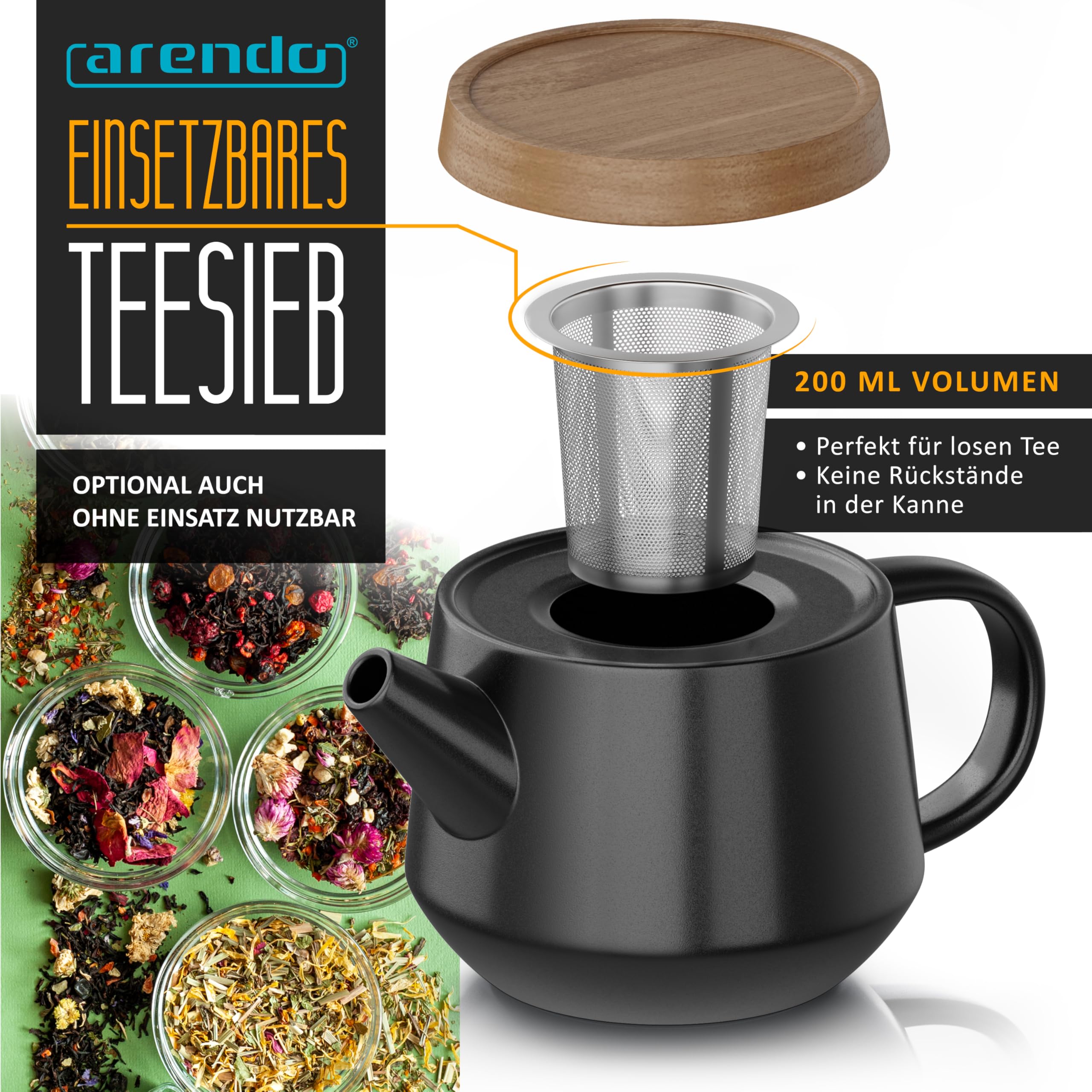 Arendo - Teeservice Set, Keramik Teekannen Set, Teekanne Porzellan, Japanische Teekanne mit Teesieb 0,6 Liter, Teekanne mit Deckel Untersetzer 2 Tassen und Tablett