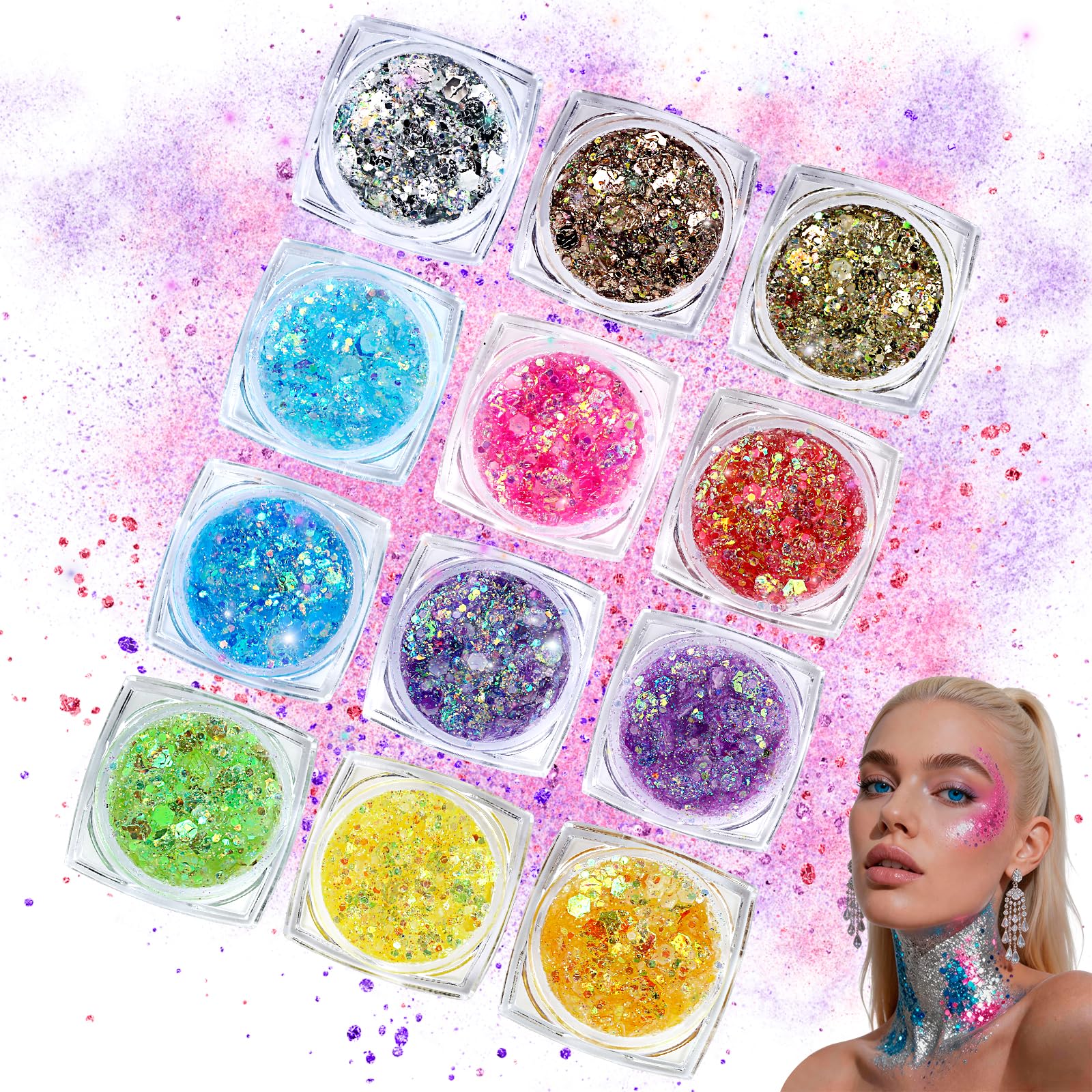 12 Farben Festival Glitzer Gesicht Gel, Body Glitter Festival Zubehör | Fluoreszierendes UV Körperglitzer Set, Gesichtsglitzer für Festival, Party, Karneval, Konzert & Sommer Make-up