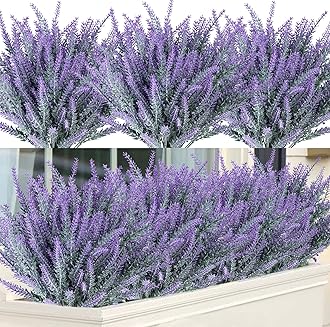Ouddy Decor 12 Bundles Artificial Lavender Fake Flowers Faux Plastic Plants for Home Wedding Kitchen Garden Patio Window Box Office Table Centerpieces Indoor Outdoor Decor, Gray Purple