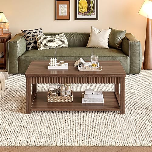 Miniatura 5 de Mesa auxiliar, mesas de centro modernas de 39 pulgadas para sala de estar con almacenamiento de 2 niveles y borde ondulado, mesa central de nogal