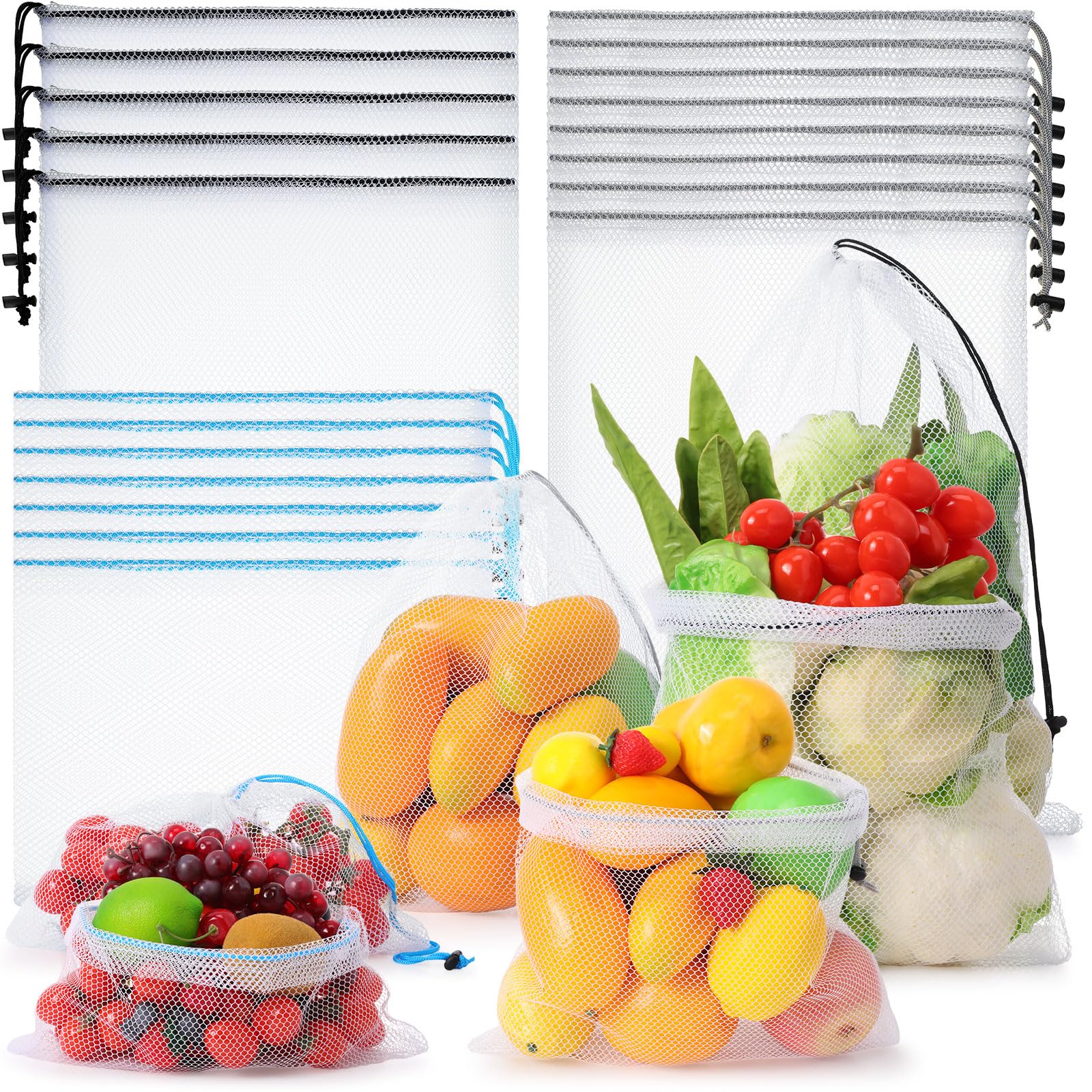 6Pcs Sac En Filet Réutilisable à Cordon Pour Fruits Et Légumes - Sac D'Épicerie Pour Stockage (20 * 30cm