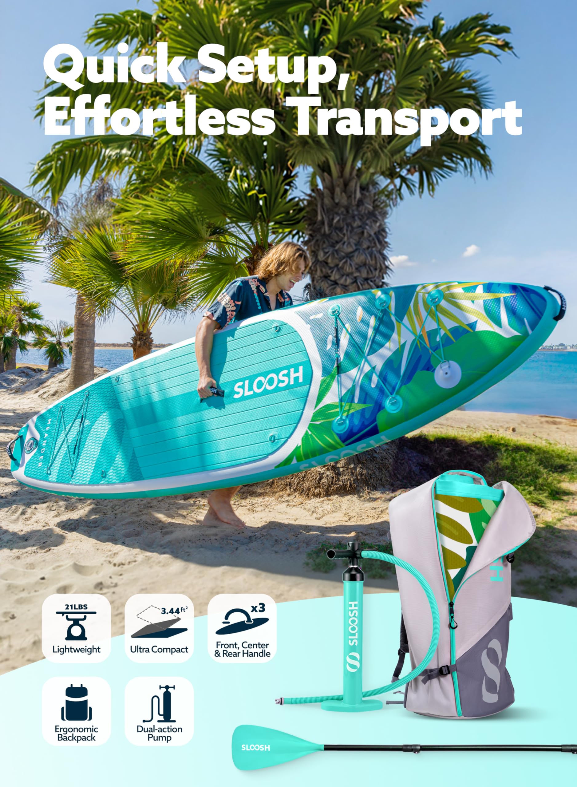 SLOOSH Aufblasbares Stand-Up-Paddle-Board,10'6" Paddleboard mit Premium-Zubehör,rutschfestes Eva-Deck,ultraleichte Tragetasche und Pumpe,Meander SUP für Jugendliche & Erwachsene
