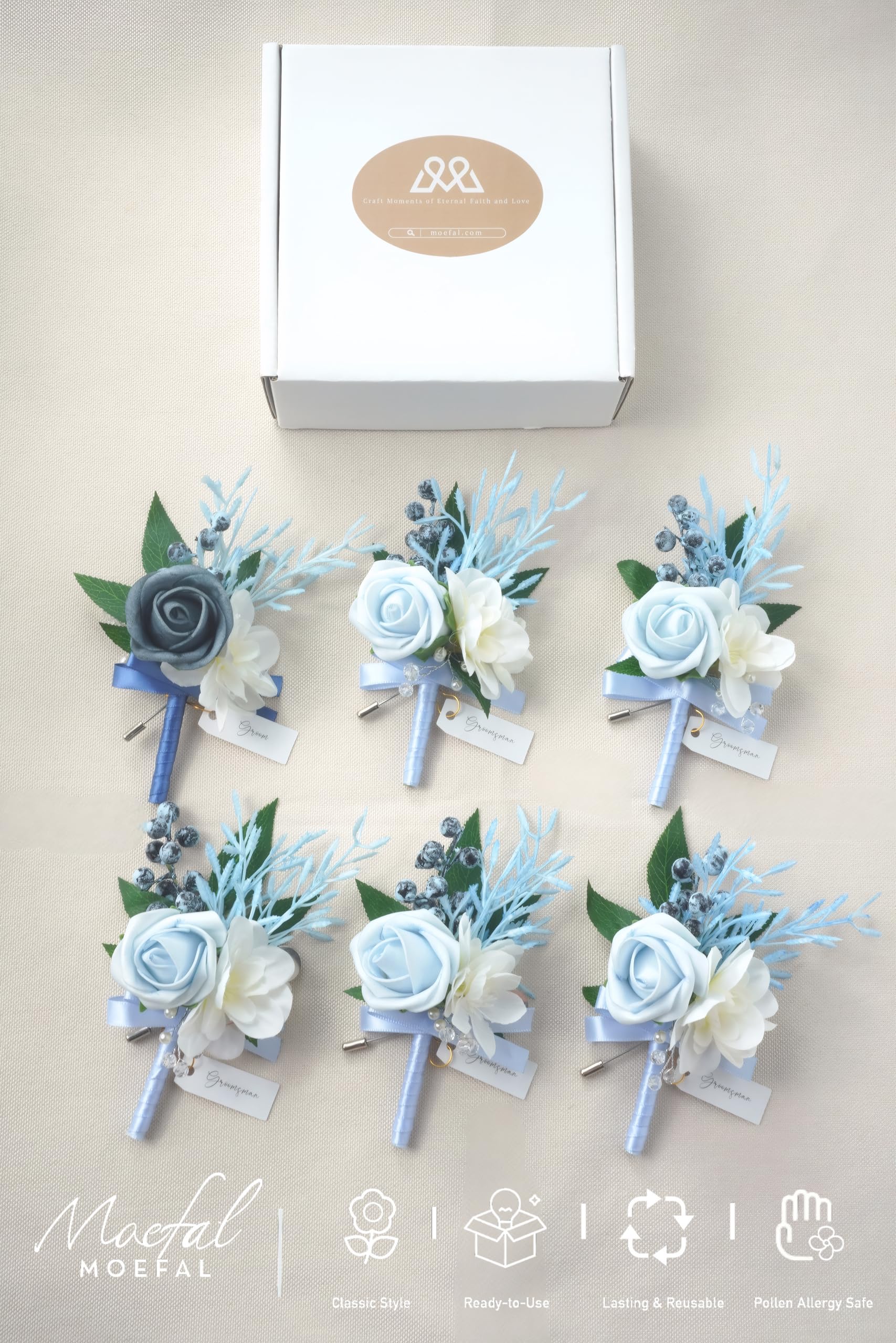 Boutonniere da uomo, set di 6 fiori artificiali per sposo e testimoni dello sposo, decorazione per matrimonio, ballo di fine anno, ritorno a casa, blu polvere