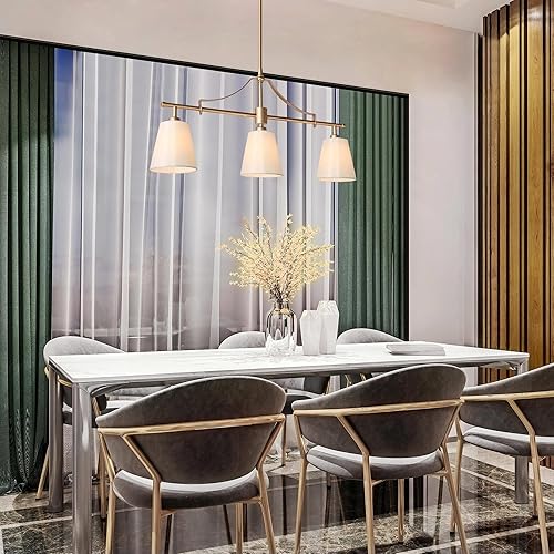 Miniatura 5 de Candelabros dorados para comedor, modernas lámparas lineales de isla de 3 luces con pantallas de tela para cocina, dormitorio, sala de estar